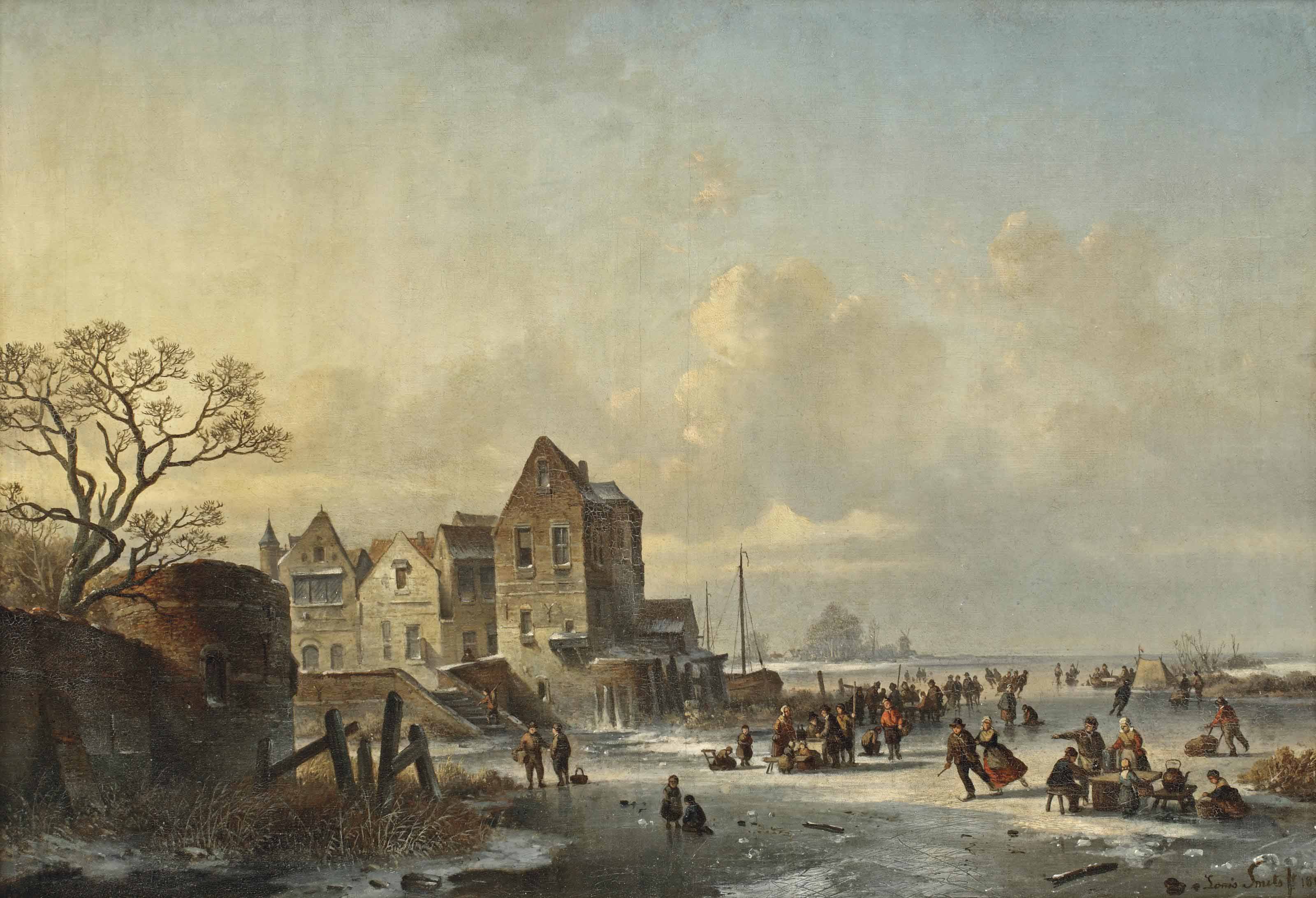 Louis Smets Belgian 1840 1896 Ice Skaters Near A Dutch