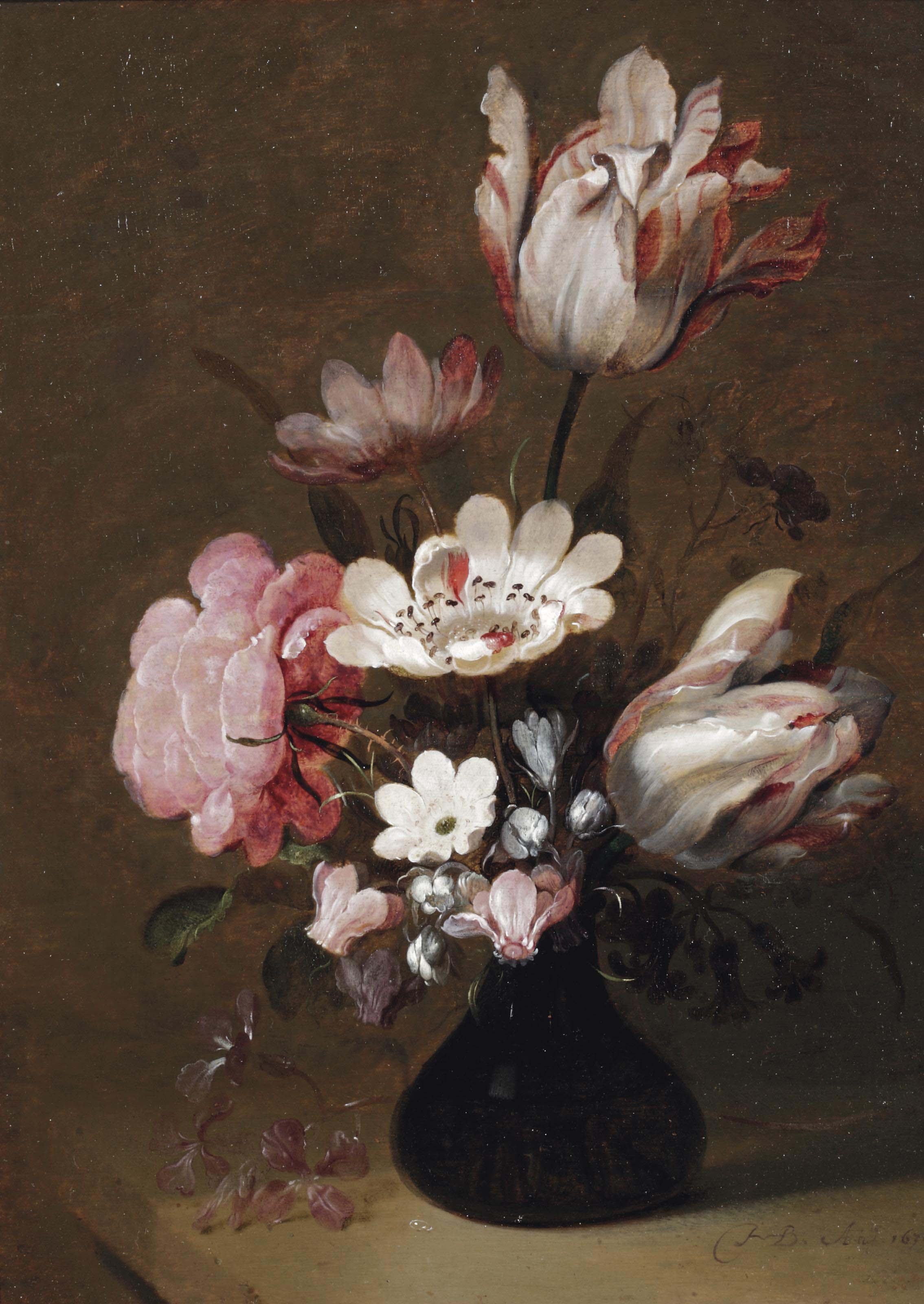 Hans Bollongier (Haarlem 1598/16021672/5) , A glass vase with tulips, peonies and other flowers