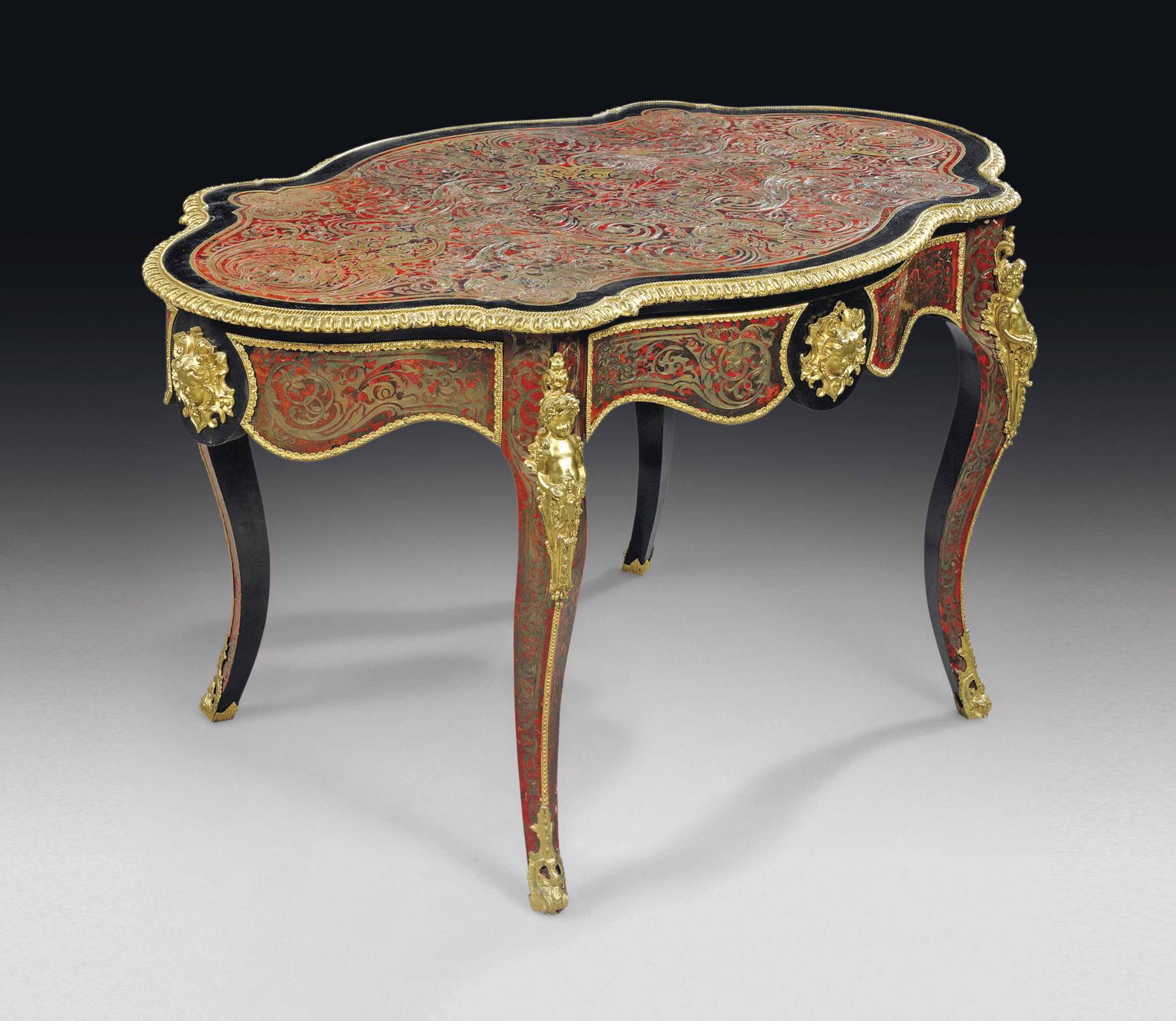 A NAPOLEON III ORMOLU MOUNTED CUT BRASS INLAID RED TORTOISESHELL EBONY 