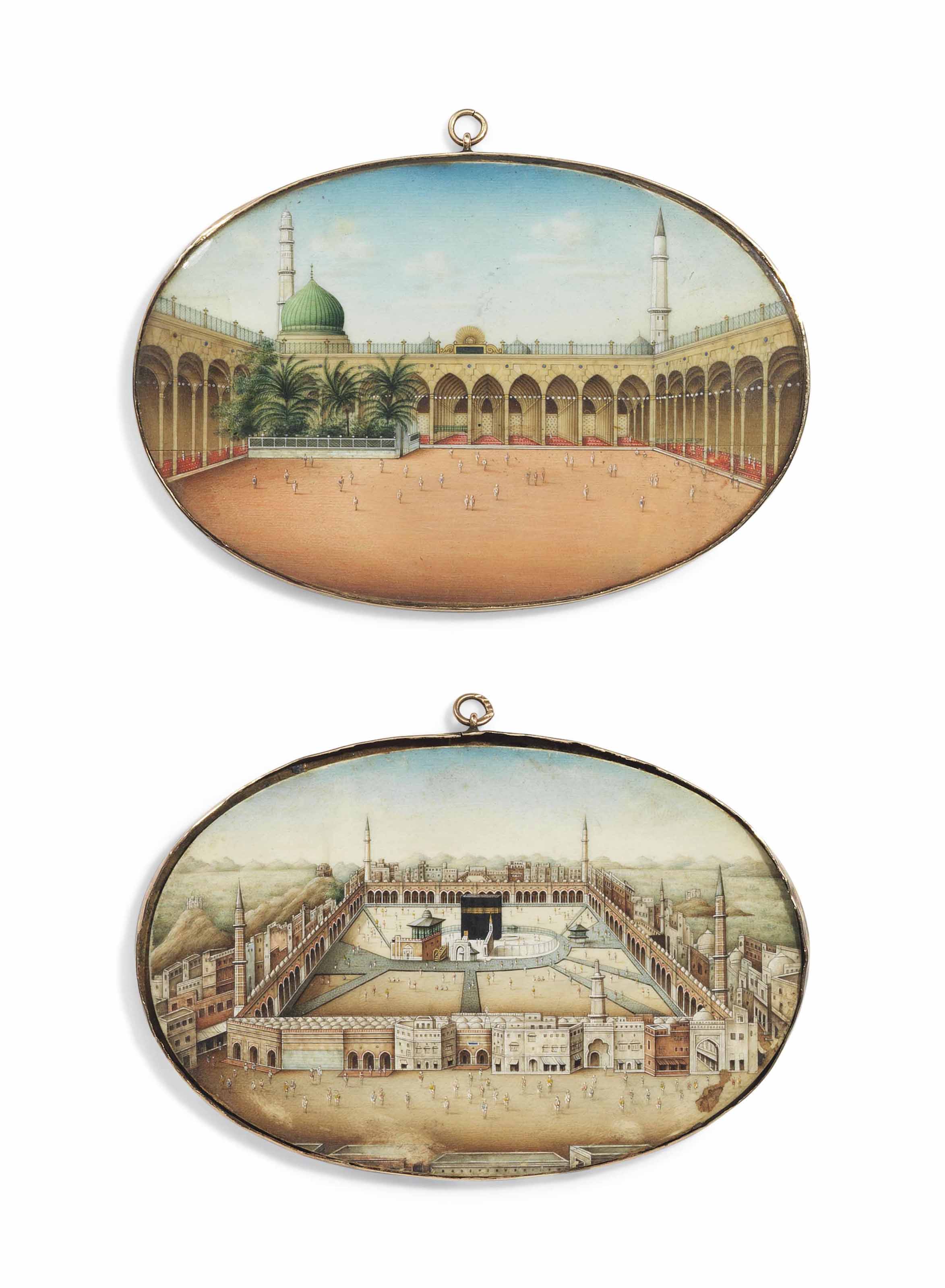 A PAIR OF MINIATURE PAINTINGS OF THE HARAM ALSHARIF AND THE MOSQUE OF
