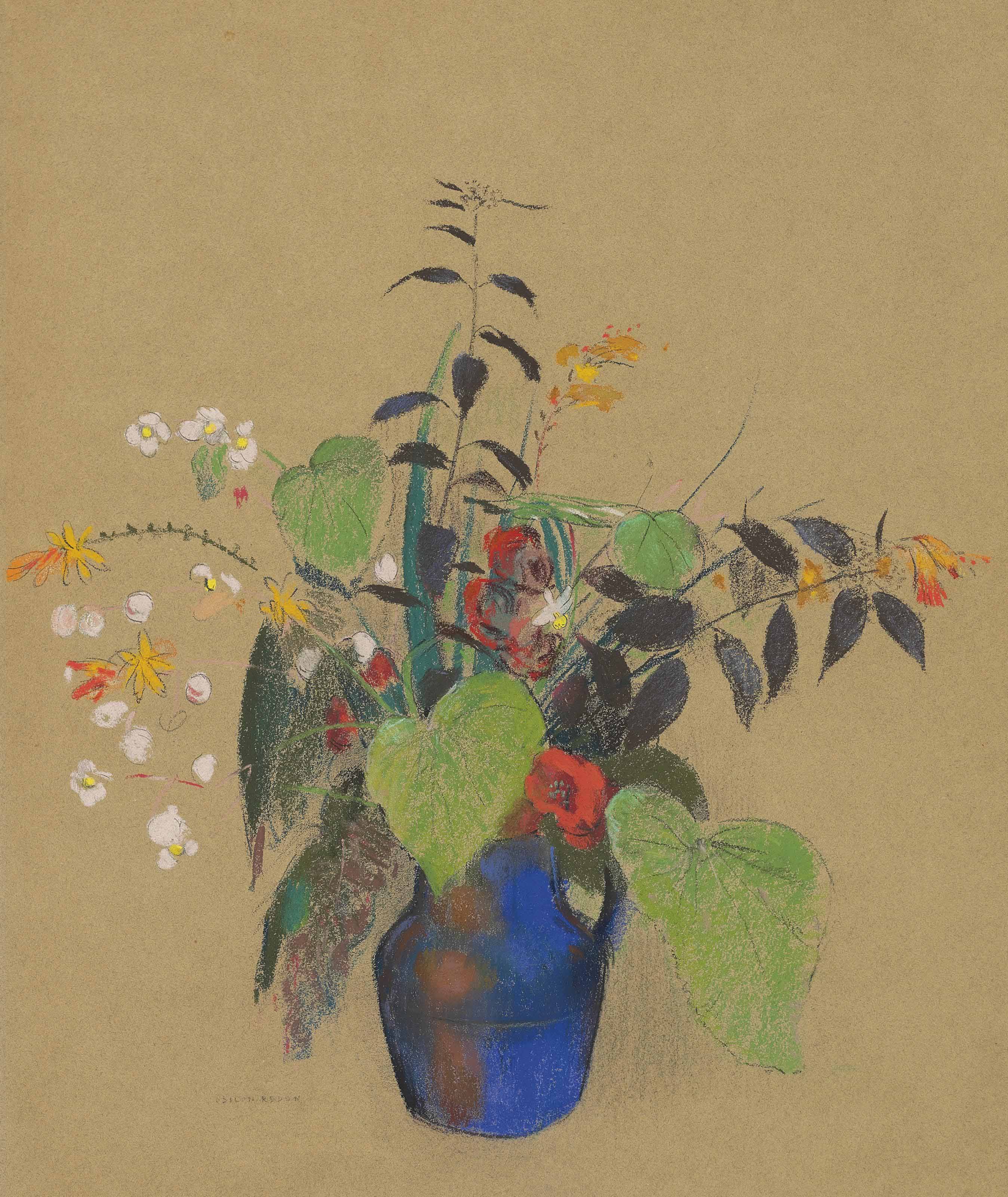Fleurs dans une cruche bleue
