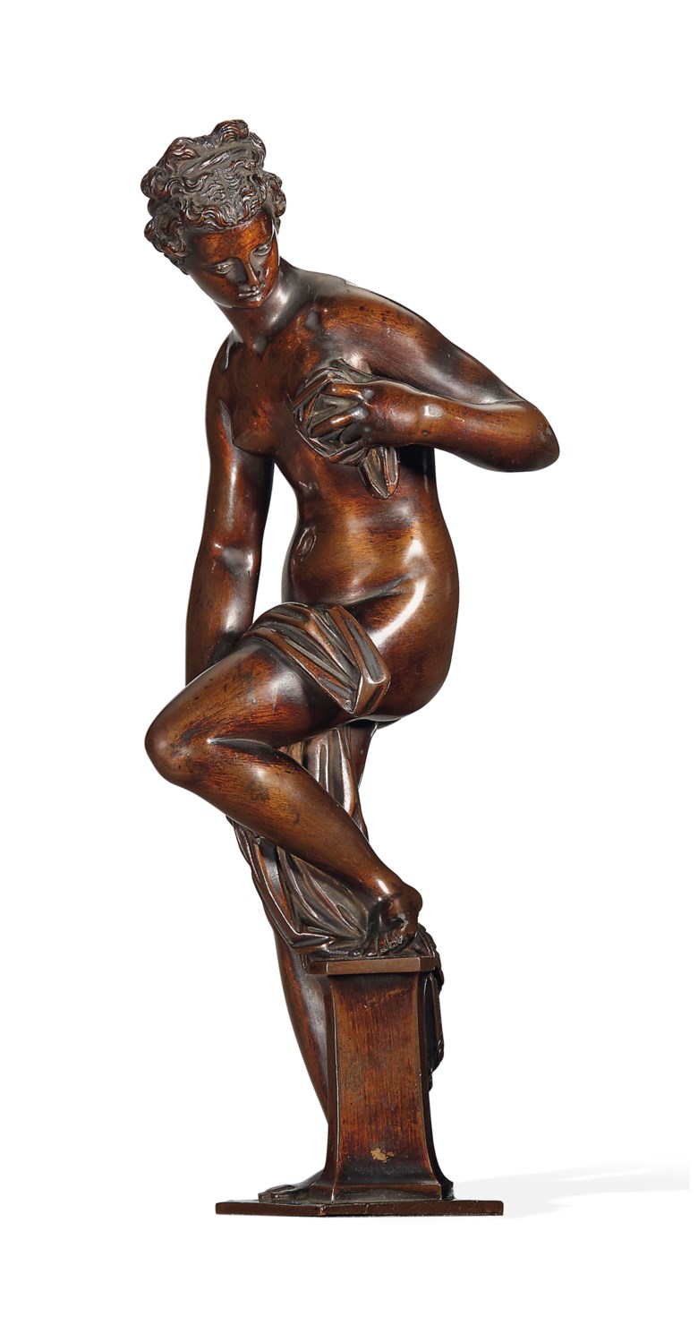 A bronze figure of Venus drying herself, from a model by Giambologna (1529-1608), the cast attributed to Antonio Susini (1558-1624), circa 1585-1600. 9¾ in (24.8 cm) high; 14  in (35.5  cm) high, overall. Sold for £1,058,500 on 10 July 2014 at Christie’s in London