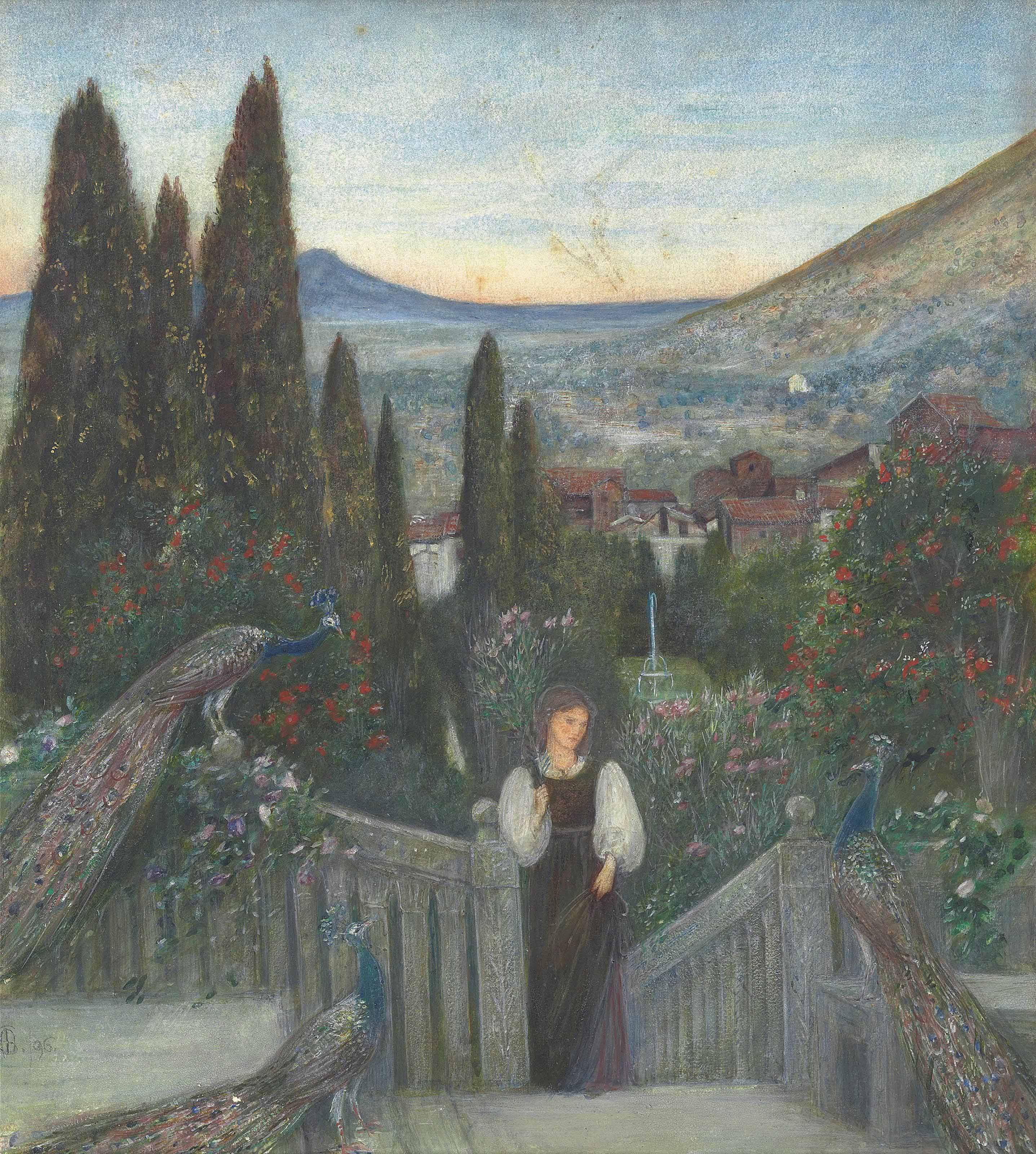 瑪麗‧斯巴達利‧斯蒂爾曼(1844-1927)，《花園中的女士與孔雀，遠處為意大利風景》。鉛筆 水彩 不透明水彩 阿拉伯膠 紙本。19 x 17英寸（42.3 x 43.2公分）。此作於2014年6月17日在佳士得倫敦售出，成交價10,625英鎊