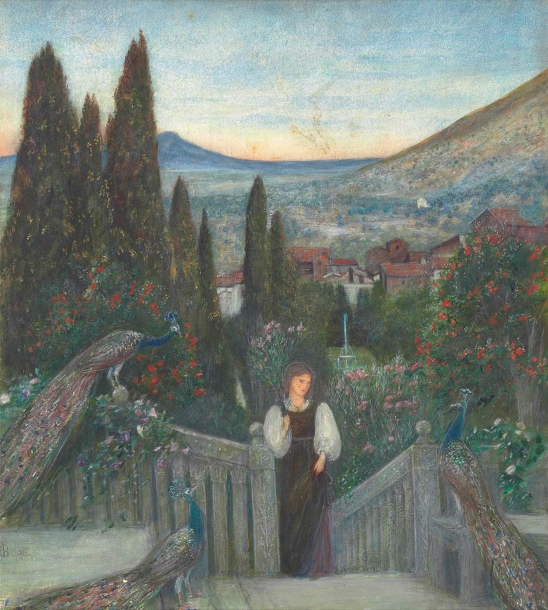 Maria Spartali Stillman (1844-1927), A Lady with Peacocks in a Garden, an Italianate Landscape Beyond. Pencil, watercolour and bodycolour with gum arabic on paper. 19 x 17  in (42.3 x 43.2  cm). Sold for £10,625 on 17 June 2014 at Christie’s in London