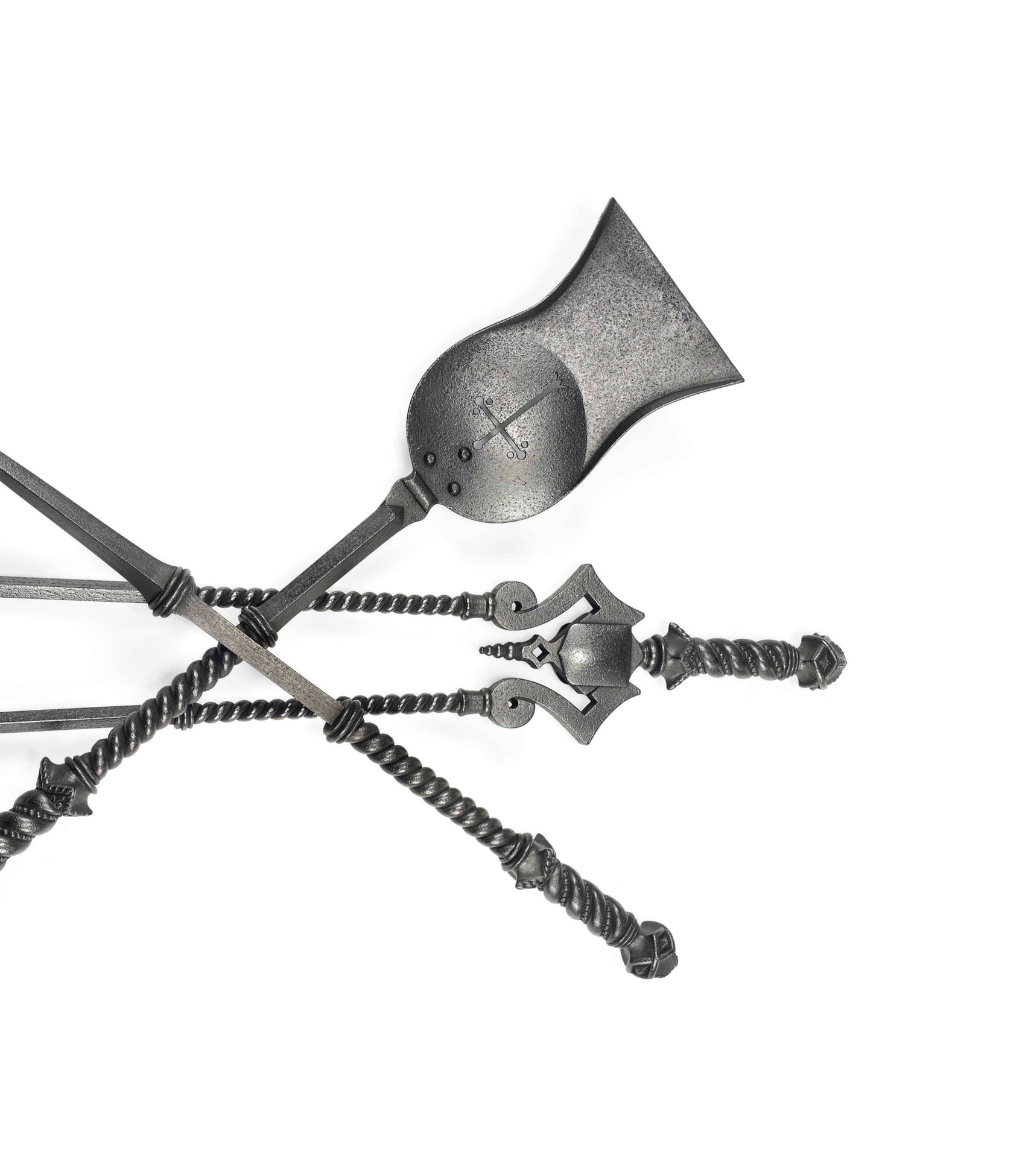 A SET OF THREE VICTORIAN CASTIRON MASSIVE FIREIRONS, MID19TH CENTURY