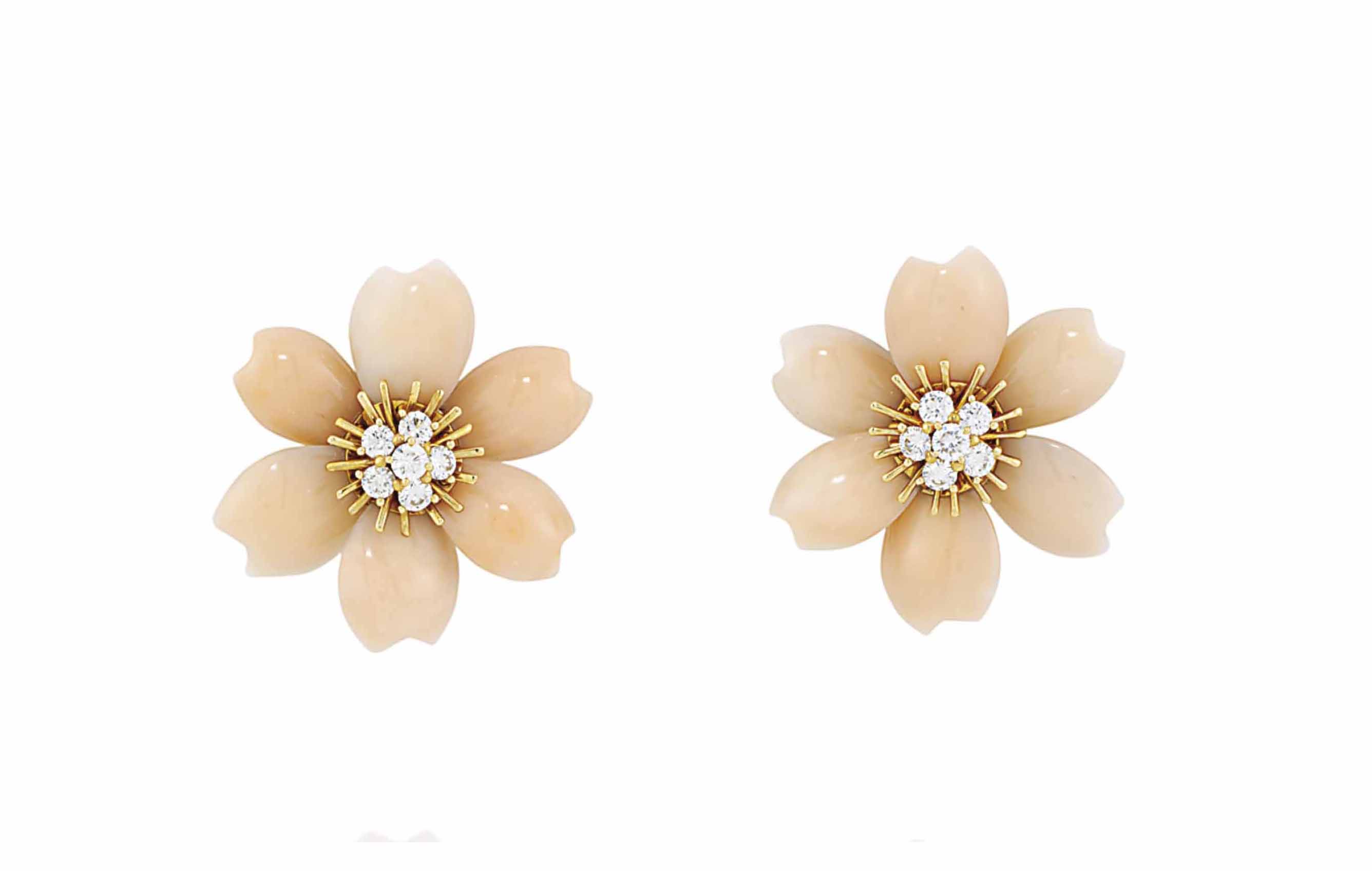 A Pair Of Rose De Noel Coral And Diamond Ear Clips By Van Cleef