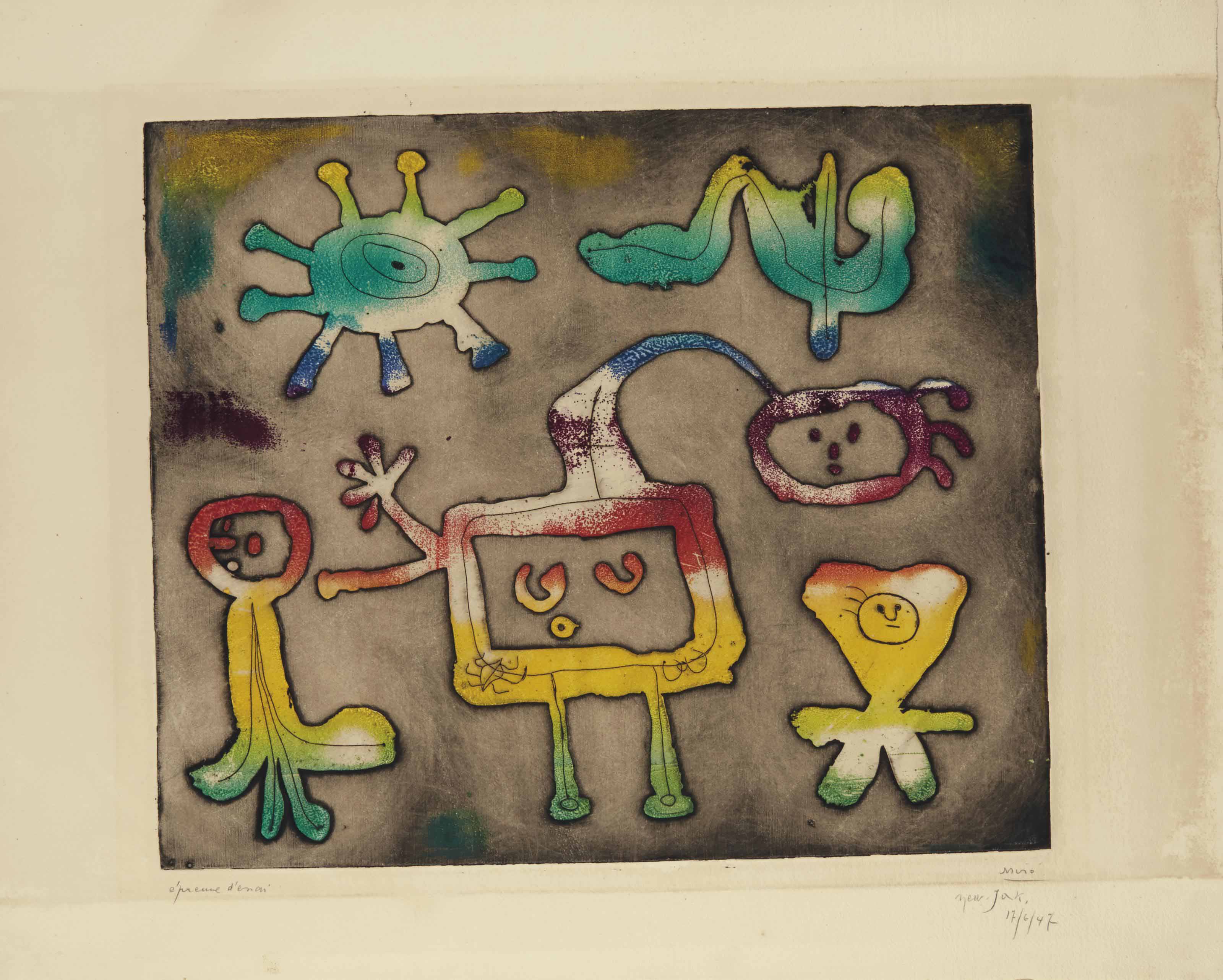 胡安&middot;米罗，《来自系列I的一幅版画》，1947年作。蚀刻版画、着色单版画、布纹纸。版画：378 x 452毫米；纸张：510 x 660毫米。2014年9月17日于佳士得伦敦售出，成交价23,750英镑。&copy; Successi&oacute; Mir&oacute; / ADAGP, Paris and DACS London 2020