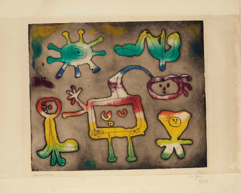 Joan Miró, One plate from Serie I, 1947. Etching printed with monotype colouring, on wove paper. P 378 x 452 mm, S 510 x 660 mm. Sold for £23,750 on 17 September 2014 at Christie’s in London. © Successió Miró  ADAGP, Paris and DACS London 2020