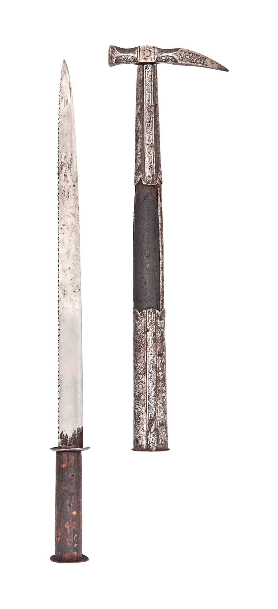 A VERY RARE NORTH GERMAN ETCHED HORSEMAN'S WAR HAMMER WITH CONCEALED DAGGER