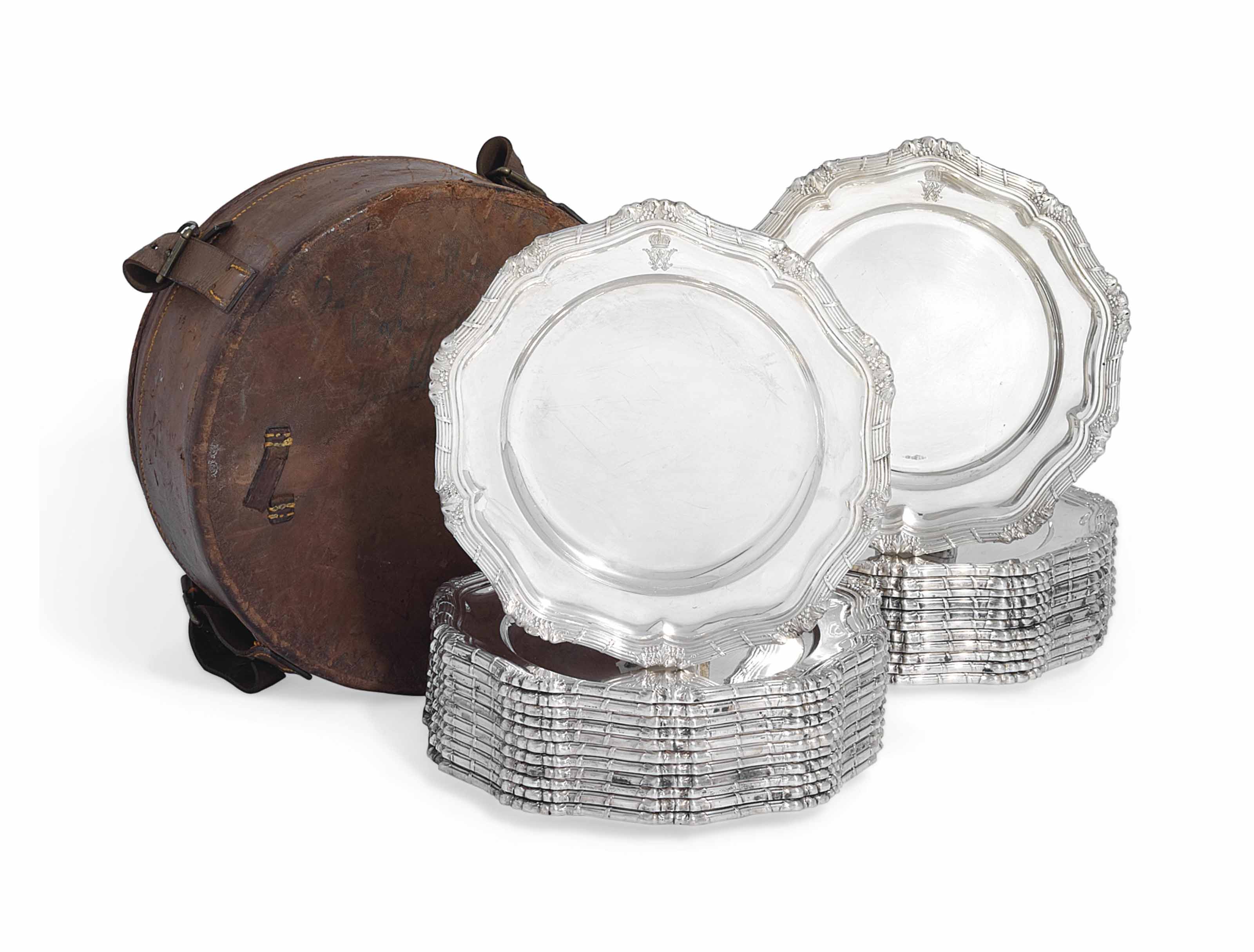 A SET OF TWENTYFOUR GERMAN SILVER DINNERPLATES , MARK OF GEBRÜDER