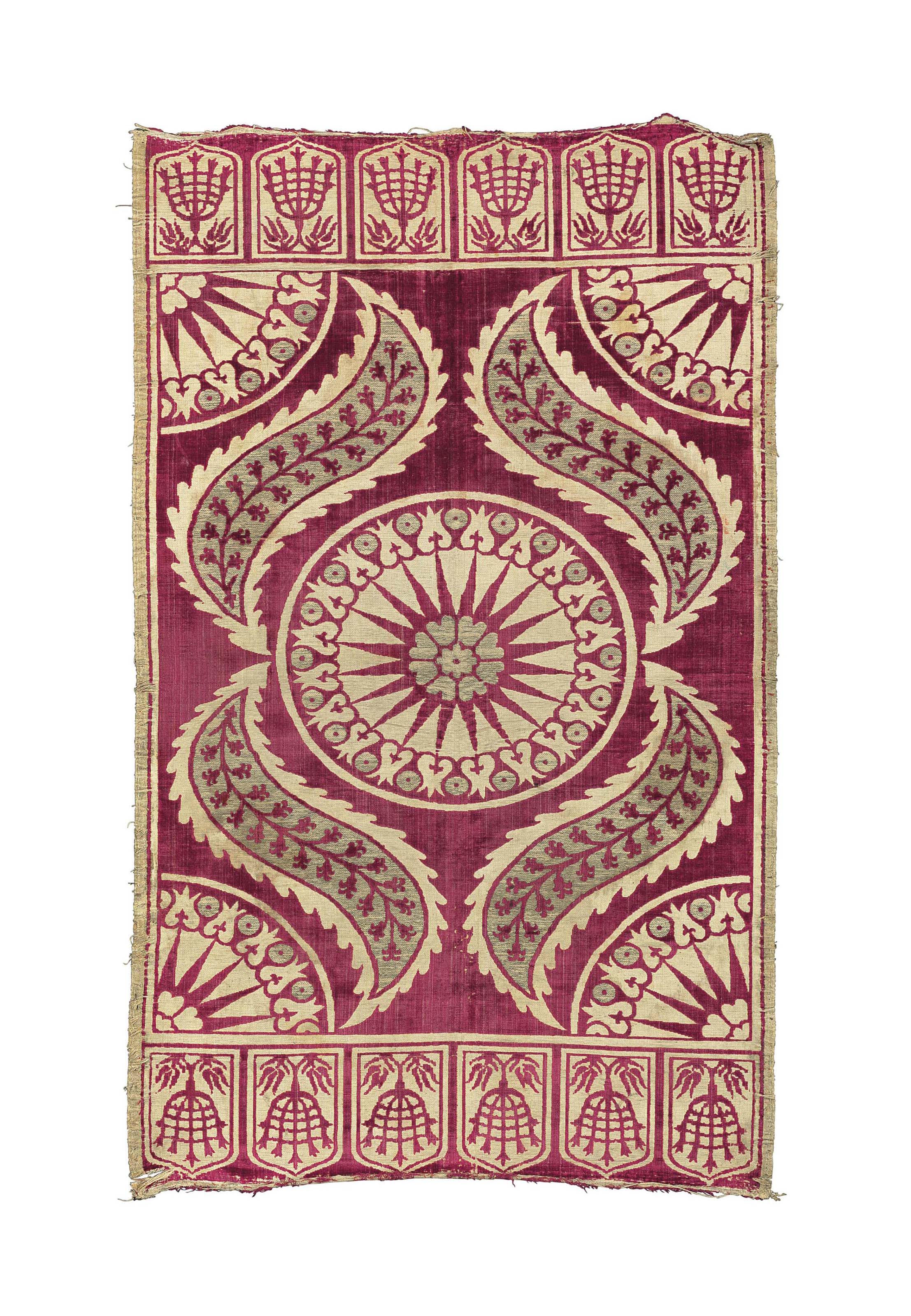 A silk velvet and metal thread woven &ccedil;atma, Turkey, 17th century. 41&frac12; x 25 in (105.5 x 63.4 cm). Sold for &pound;11,875 on 9 October 2014 at Christie&rsquo;s in London