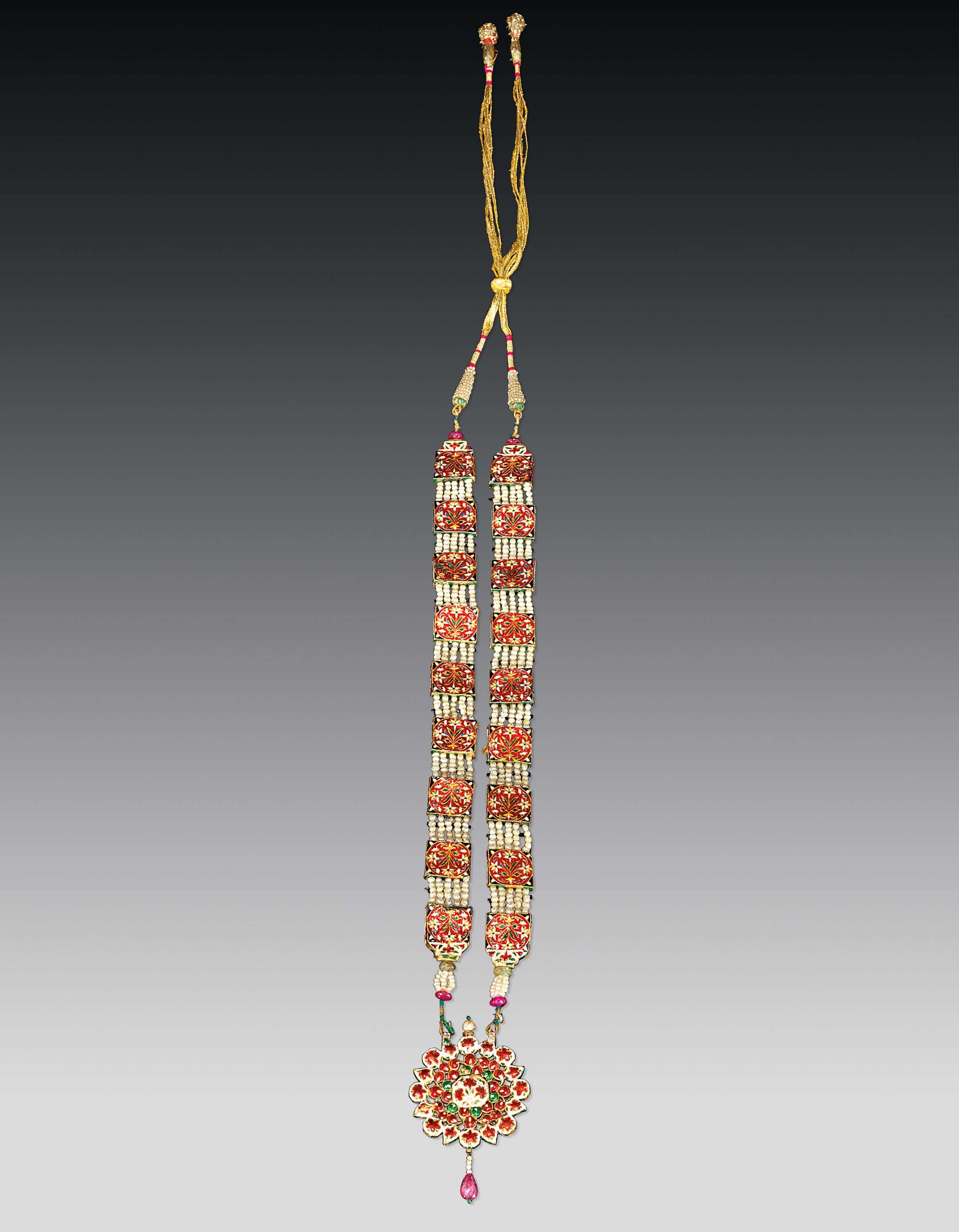 A GEM-SET AND ENAMELLED NAVARATNA GOLD NECKLACE , NORTH INDIA, LATE