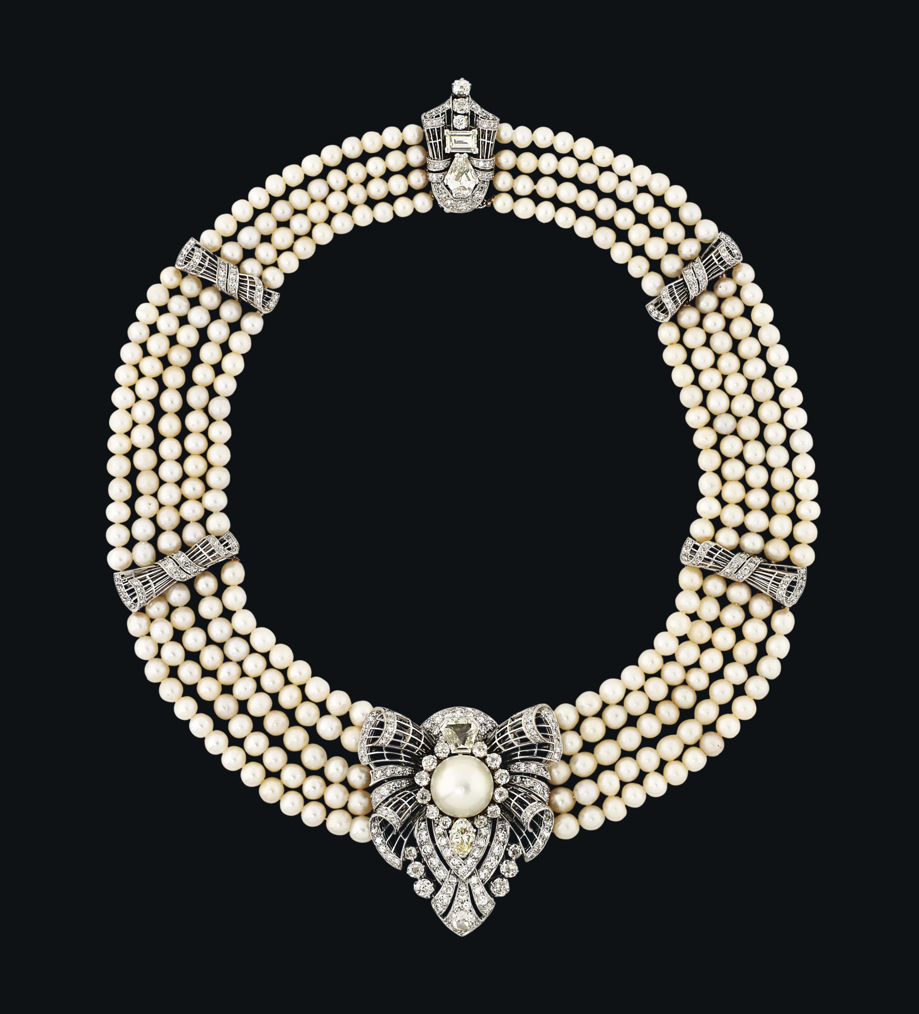 AN ART DECO NATURAL PEARL AND DIAMOND NECKLACE/CLIP BROOCH Christie's