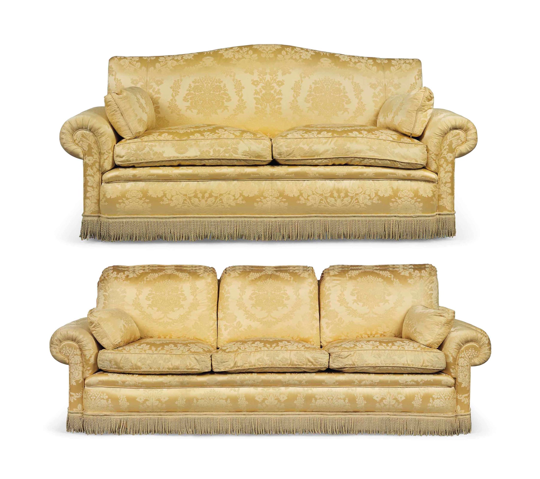 A MODERN THREESEAT SOFA AND A TWOSEAT SOFA WITH PALE GOLD SILK UPHOLSTERY