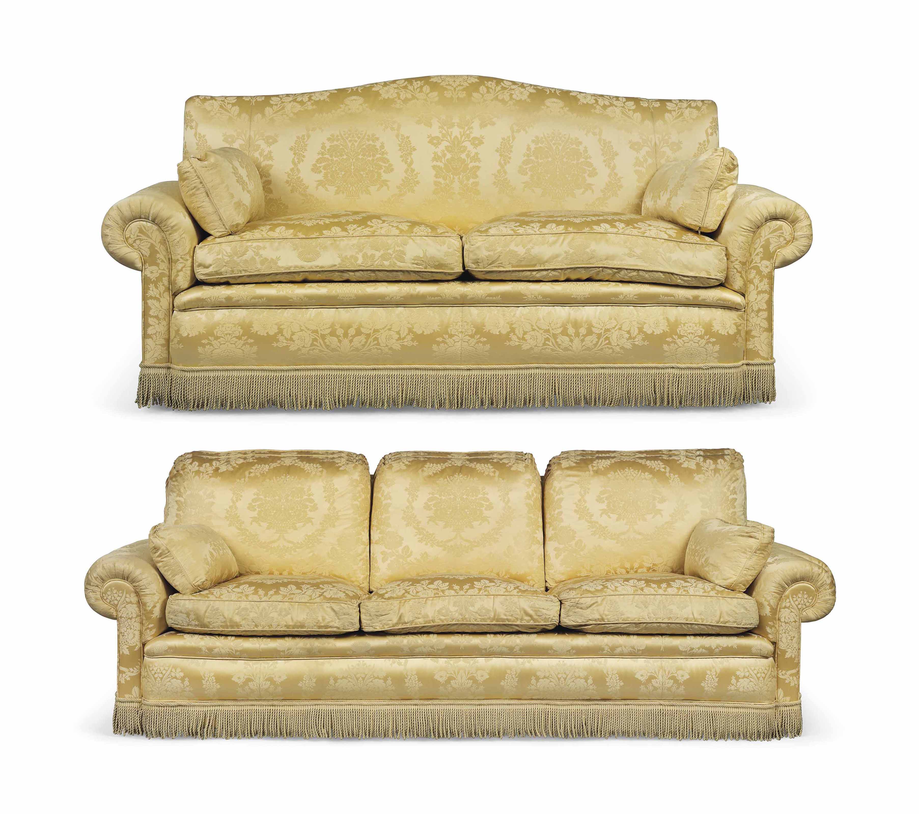 A MODERN THREESEAT SOFA AND A TWOSEAT SOFA WITH PALE GOLD SILK UPHOLSTERY