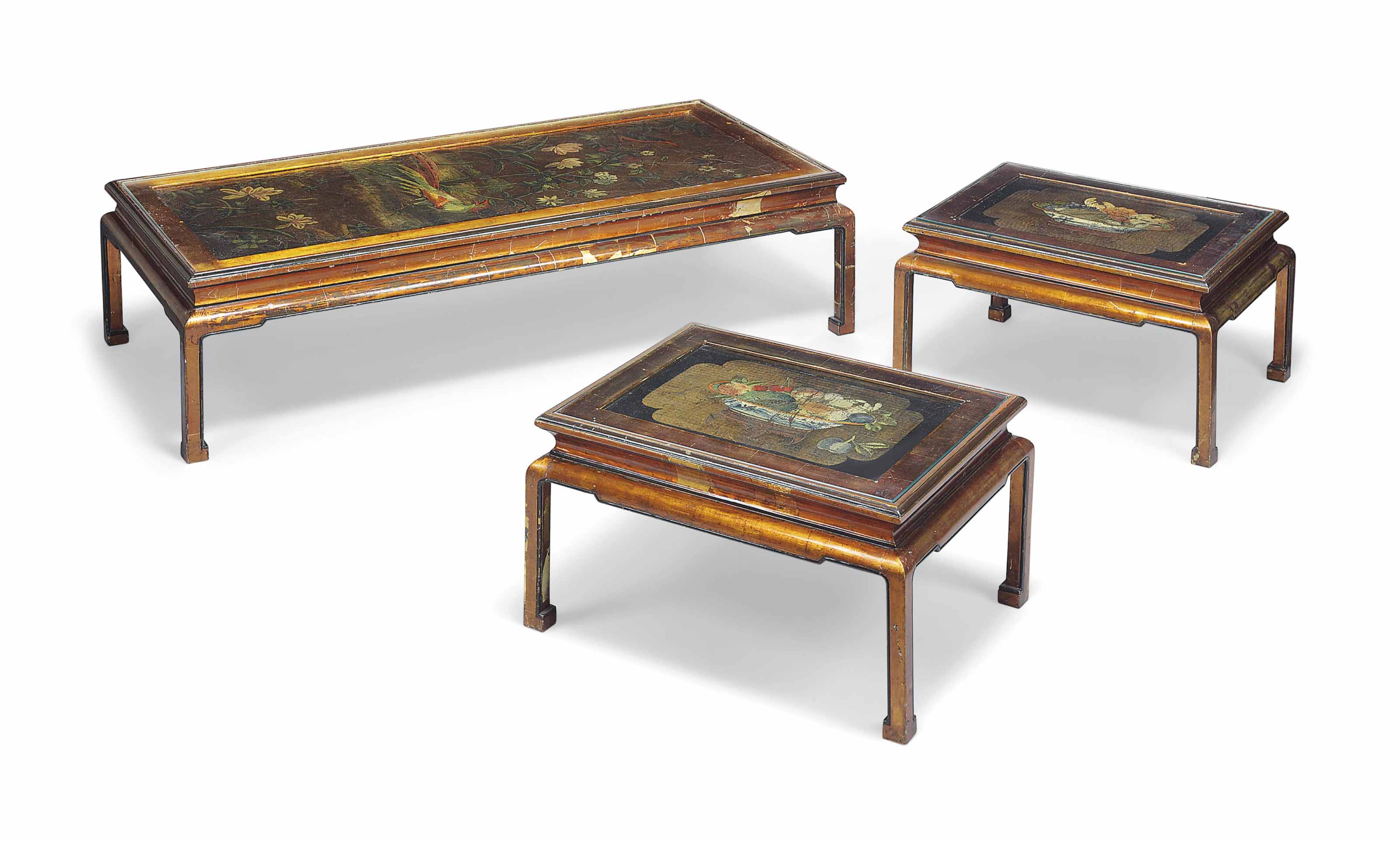 A CHINOISERIE COFFEE TABLE AND A PAIR OF OCCASIONAL TABLES ...