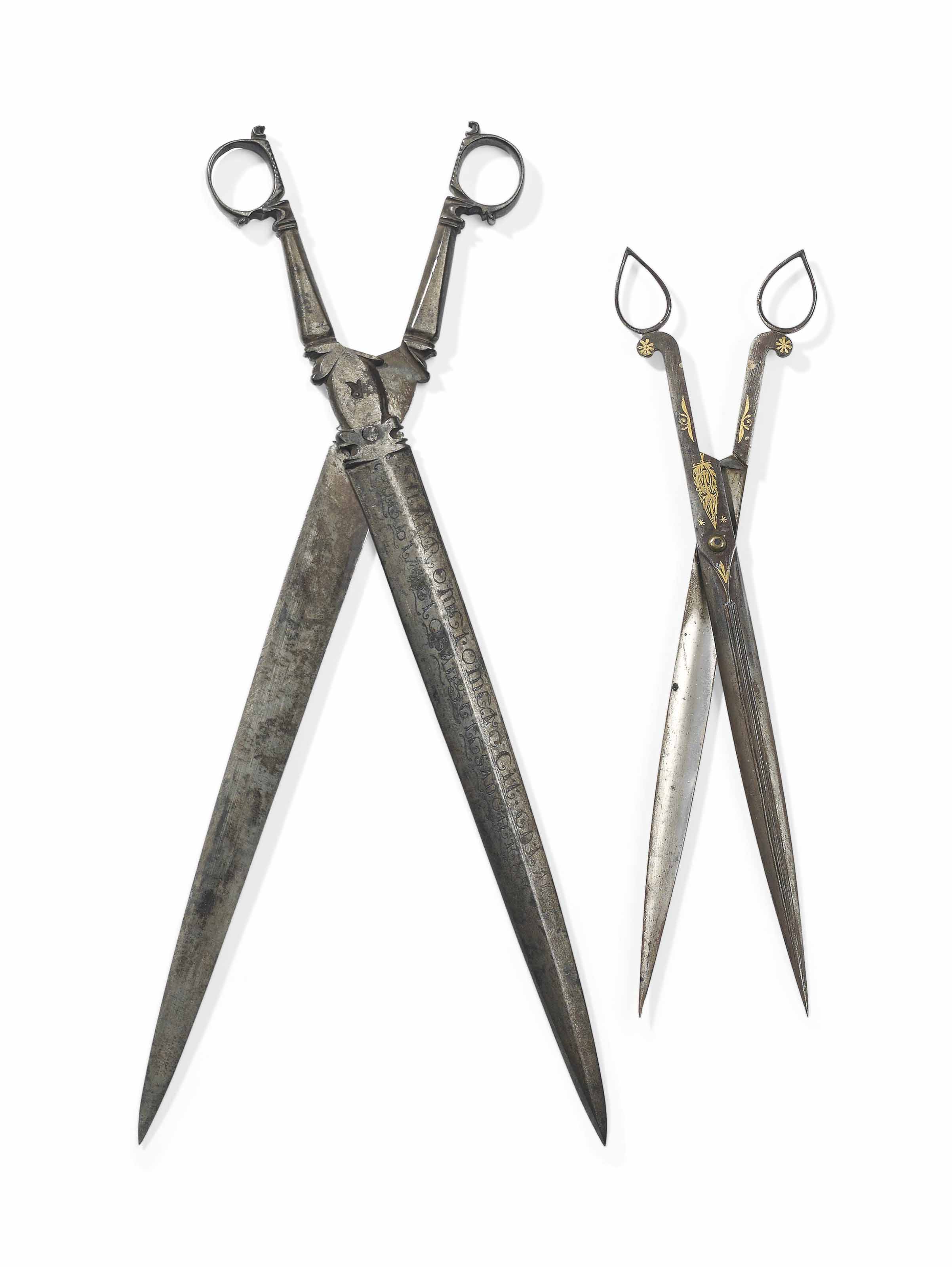 A PAIR OF SPANISH TOLEDO ENGRAVED STEEL SCISSORS , LATE 17TH CENTURY Christie's