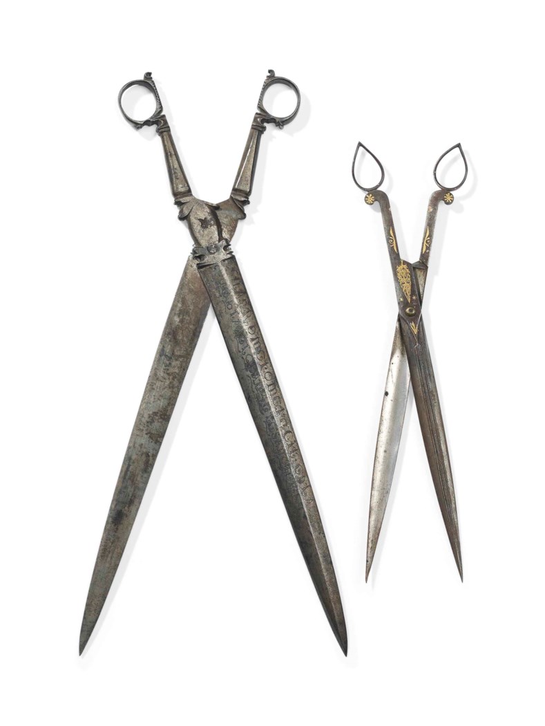 A PAIR OF SPANISH TOLEDO ENGRAVED STEEL SCISSORS, LATE 17TH CENTURY ...