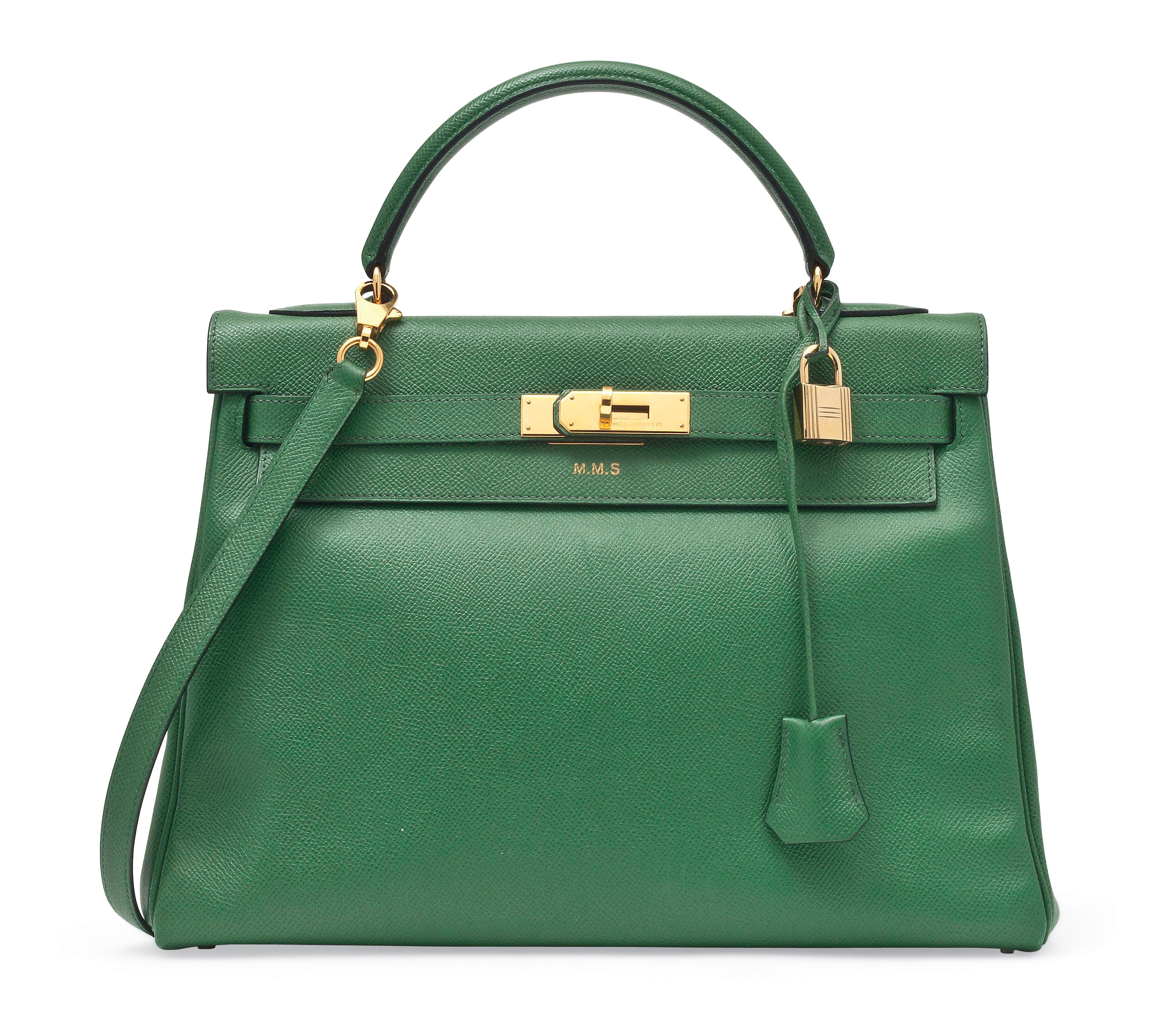 AN EMERALD GREEN COURCHEVEL LEATHER KELLY BAG HERM S 1994
