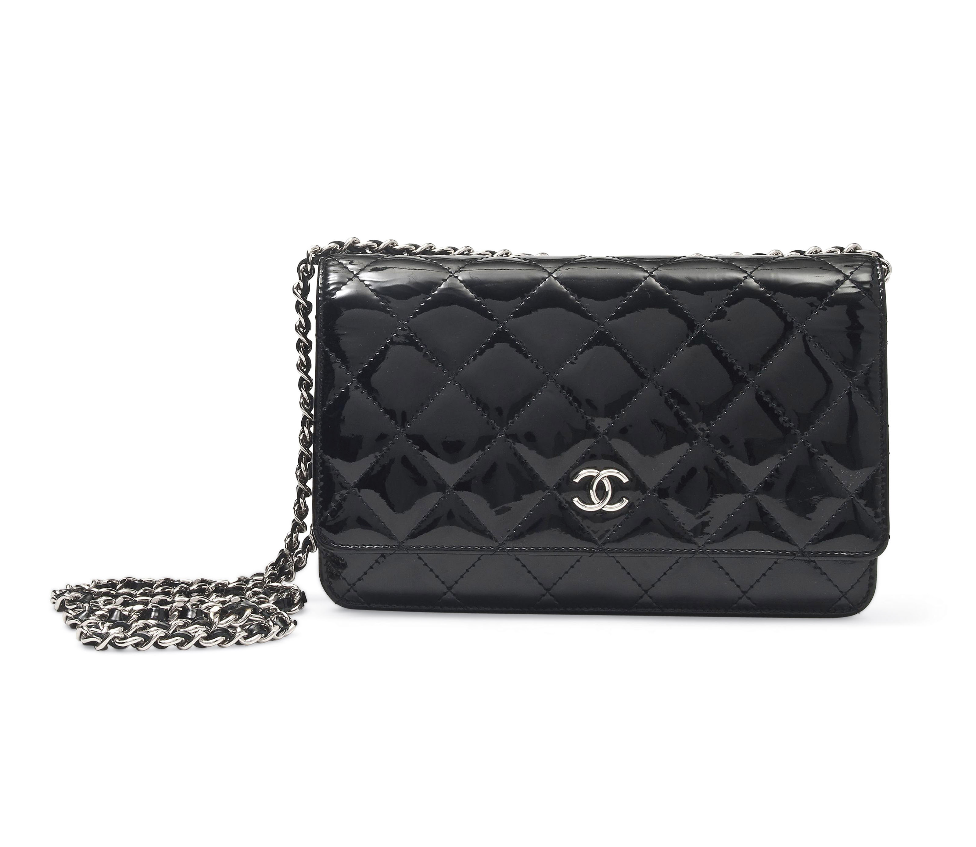 A BLACK PATENT LEATHER WALLET ON CHAIN FLAP BAG, CHANEL, 2008-09