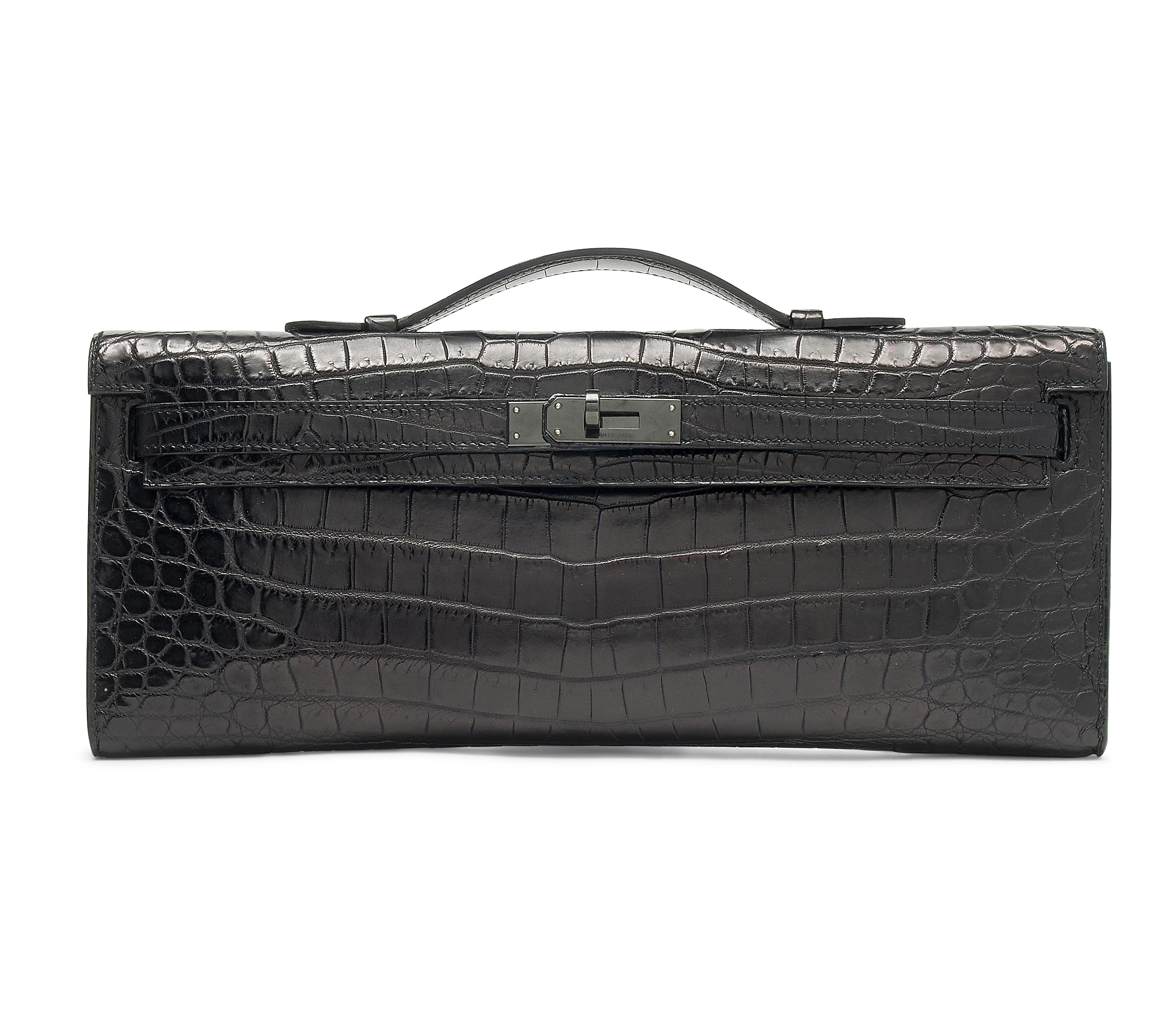 A LIMITED EDITION SO BLACK MATTE CROCODILE KELLY CUT CLUTCH BAG