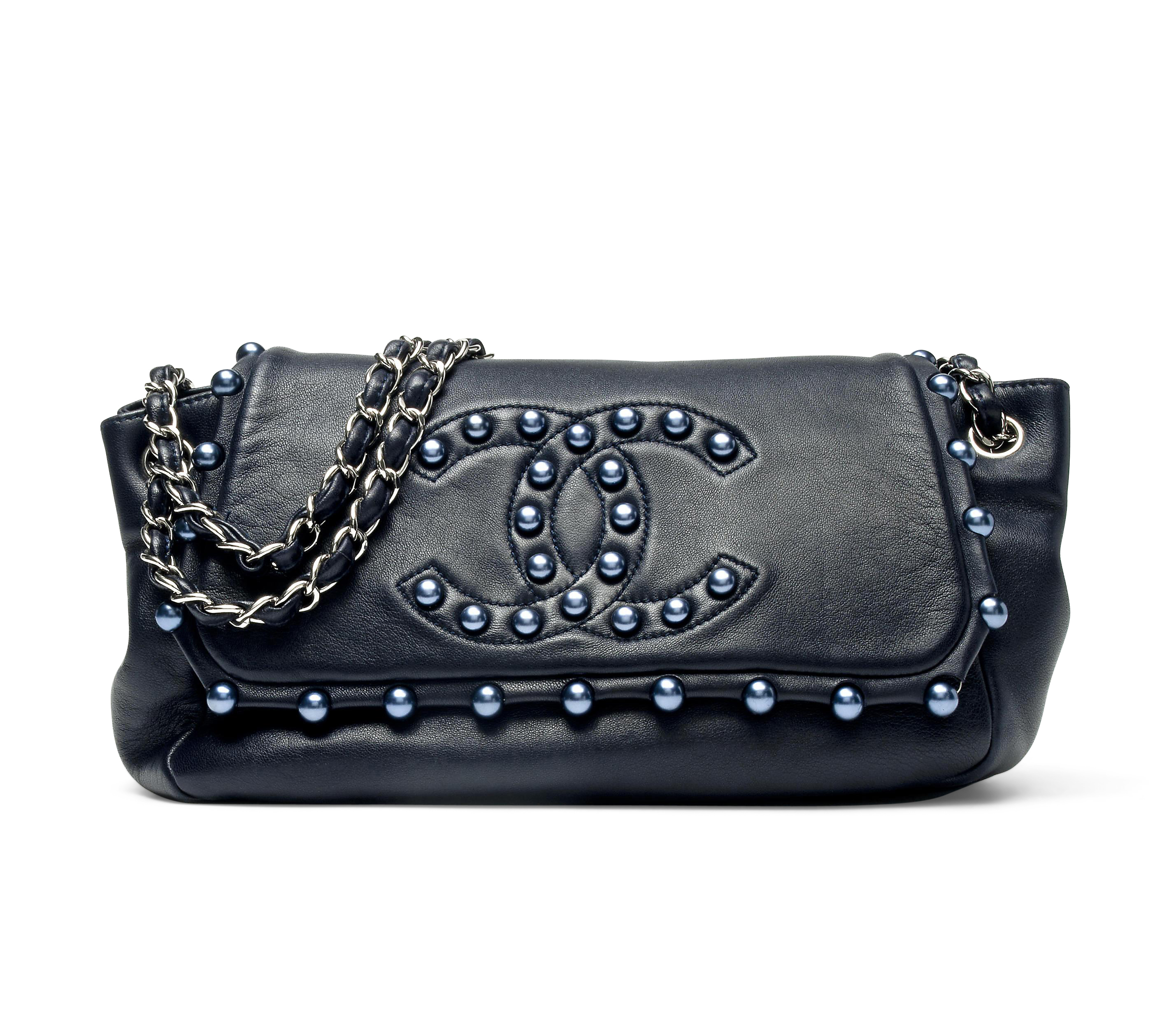 A NAVY BLUE LAMBSKIN LEATHER PEARL OBSESSION SINGLE FLAP BAG