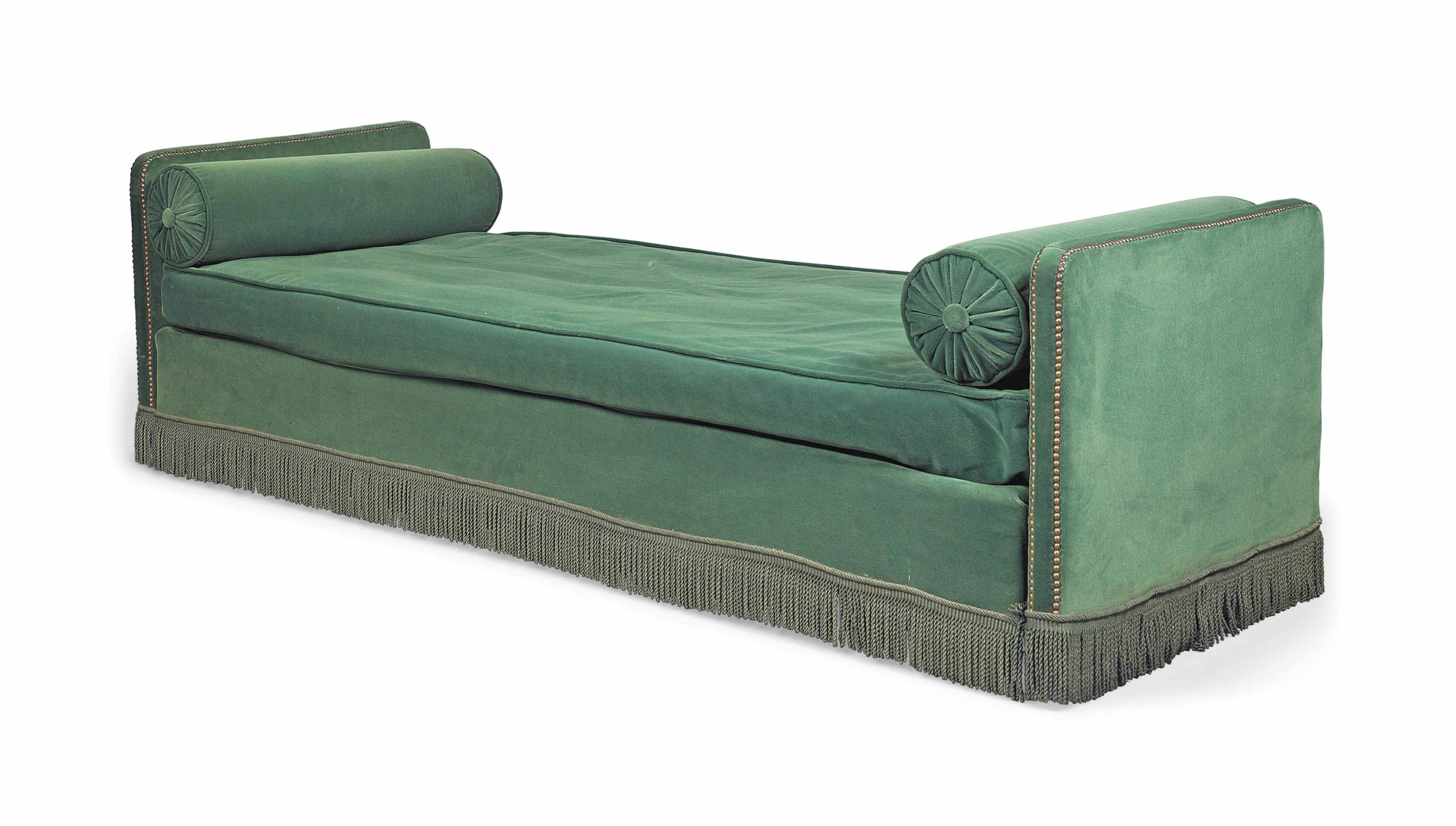 A FRENCH DIVAN , 1940S, COVERED IN GREEN LELIEVRE MOHAIR VELVET