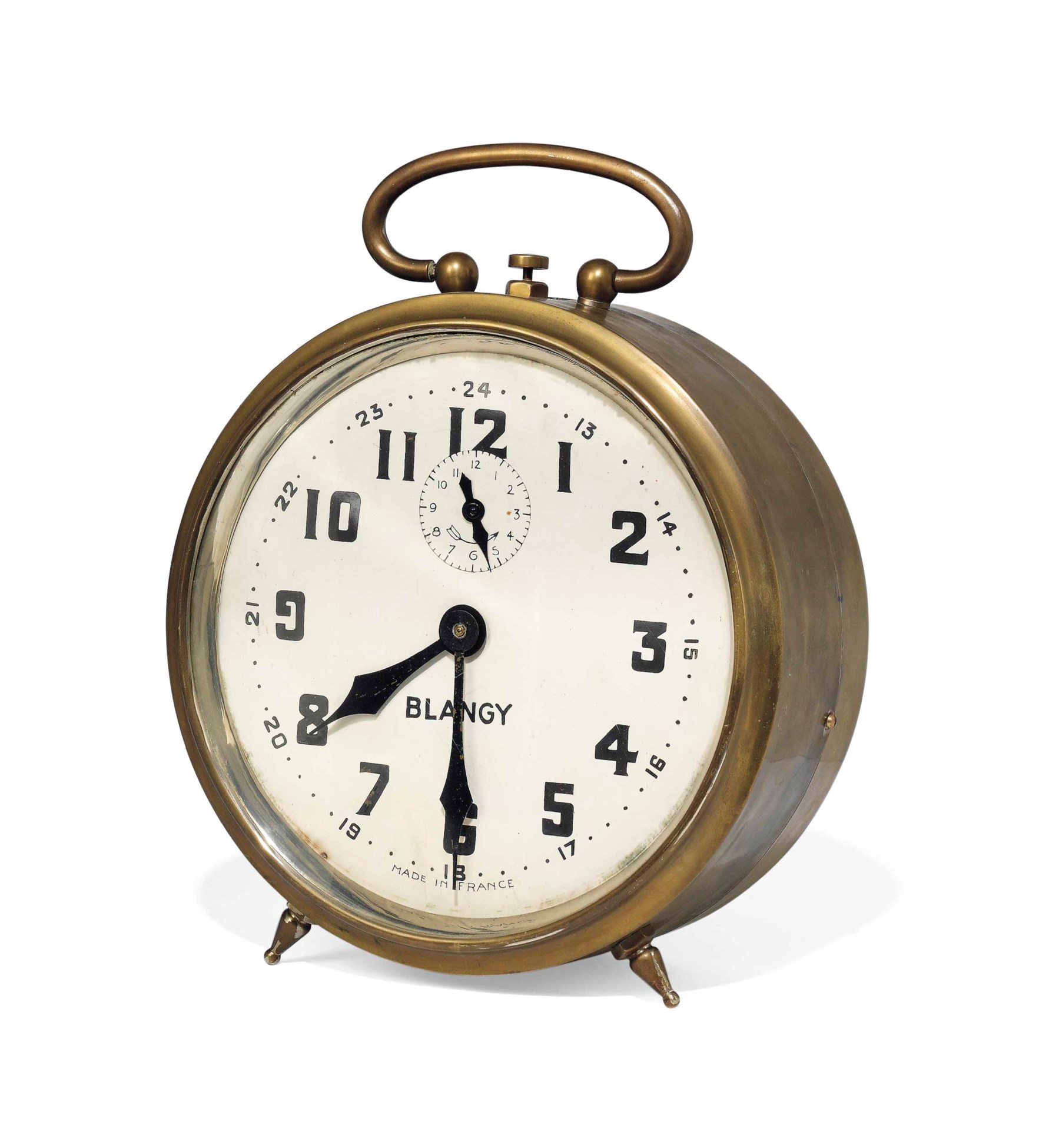 AN OVERSIZED FRENCH BRASS ALARM CLOCK, BY BLANGY, MID20TH CENTURY