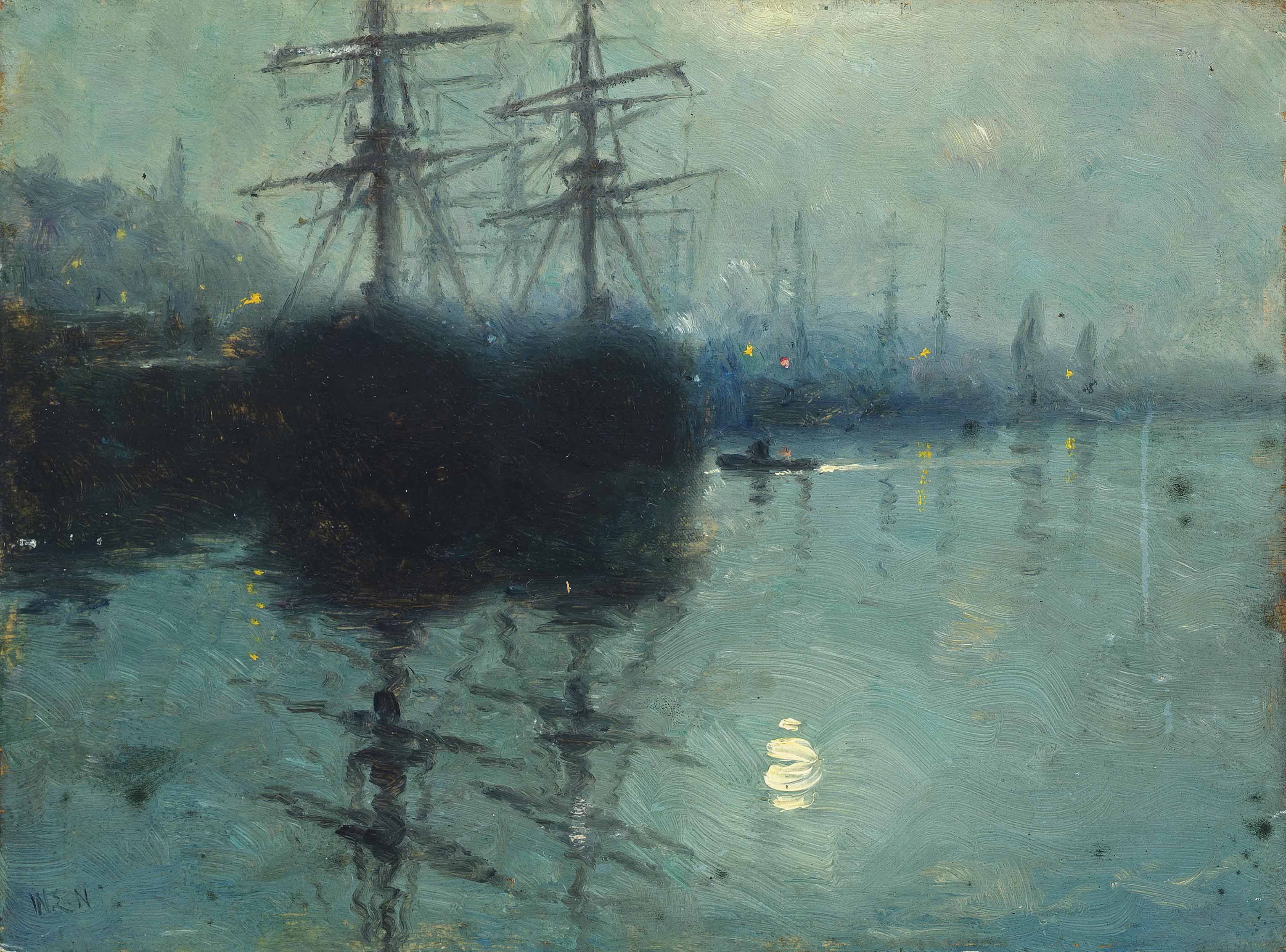 William Edward Norton (American, 18431916) , Moonlit harbour scene