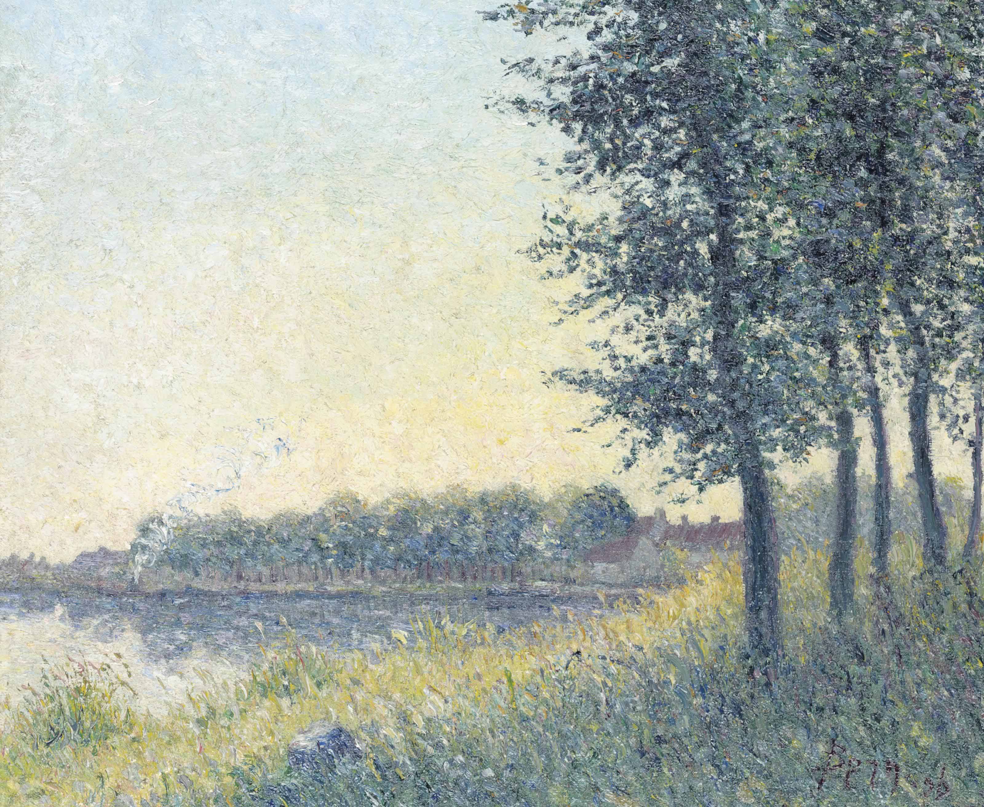 A steam launch on the river at dusk
