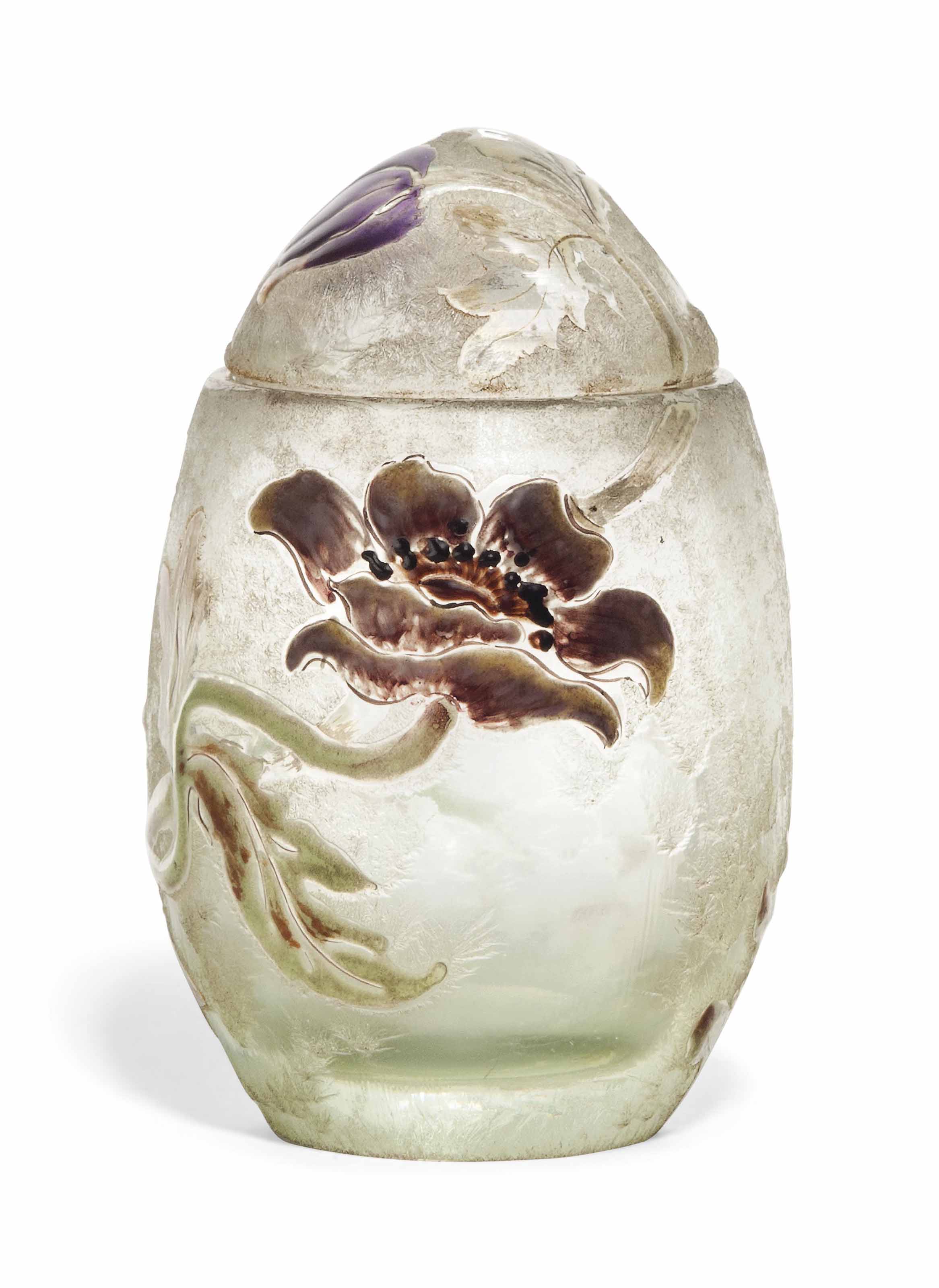 A SMALL GALLÉ ENAMELLED GLASS EGGSHAPED VASE AND COVER , CIRCA 1900