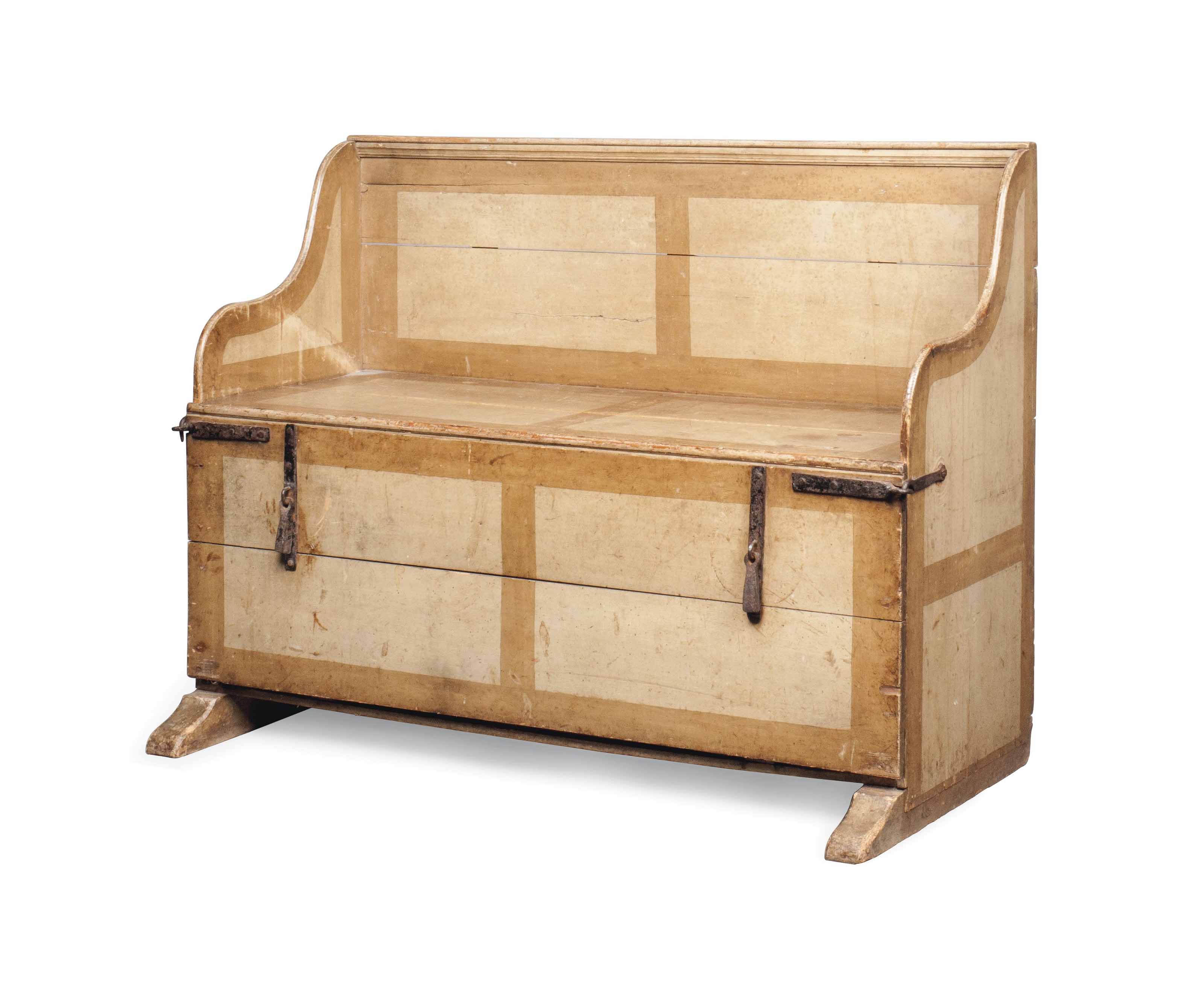 AN UNUSUAL IRISH PAINTED PINE SETTLEBED FOR CHILDREN