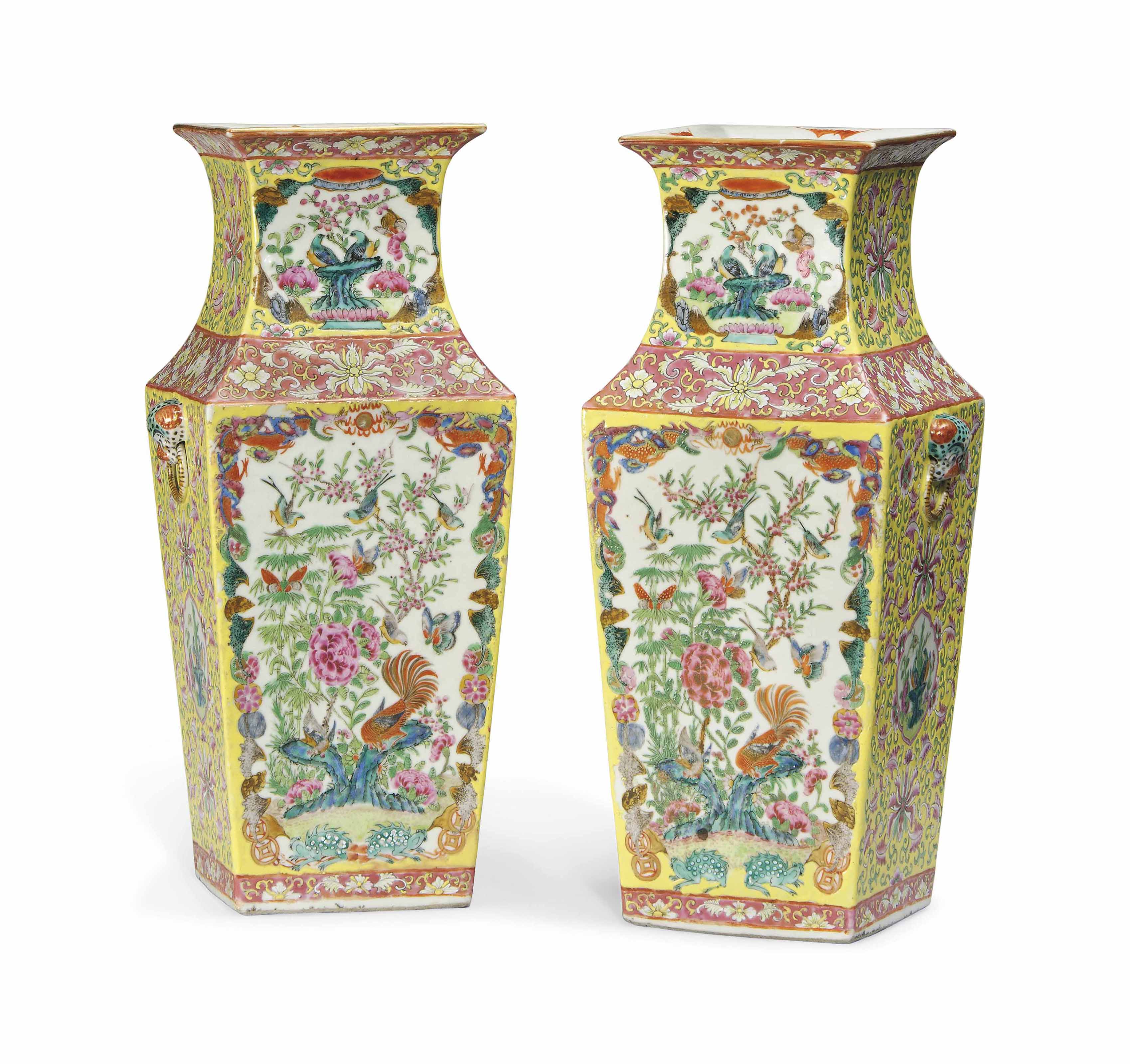 A PAIR OF CHINESE FAMILLE ROSE SQUARESECTION VASES , 19TH CENTURY