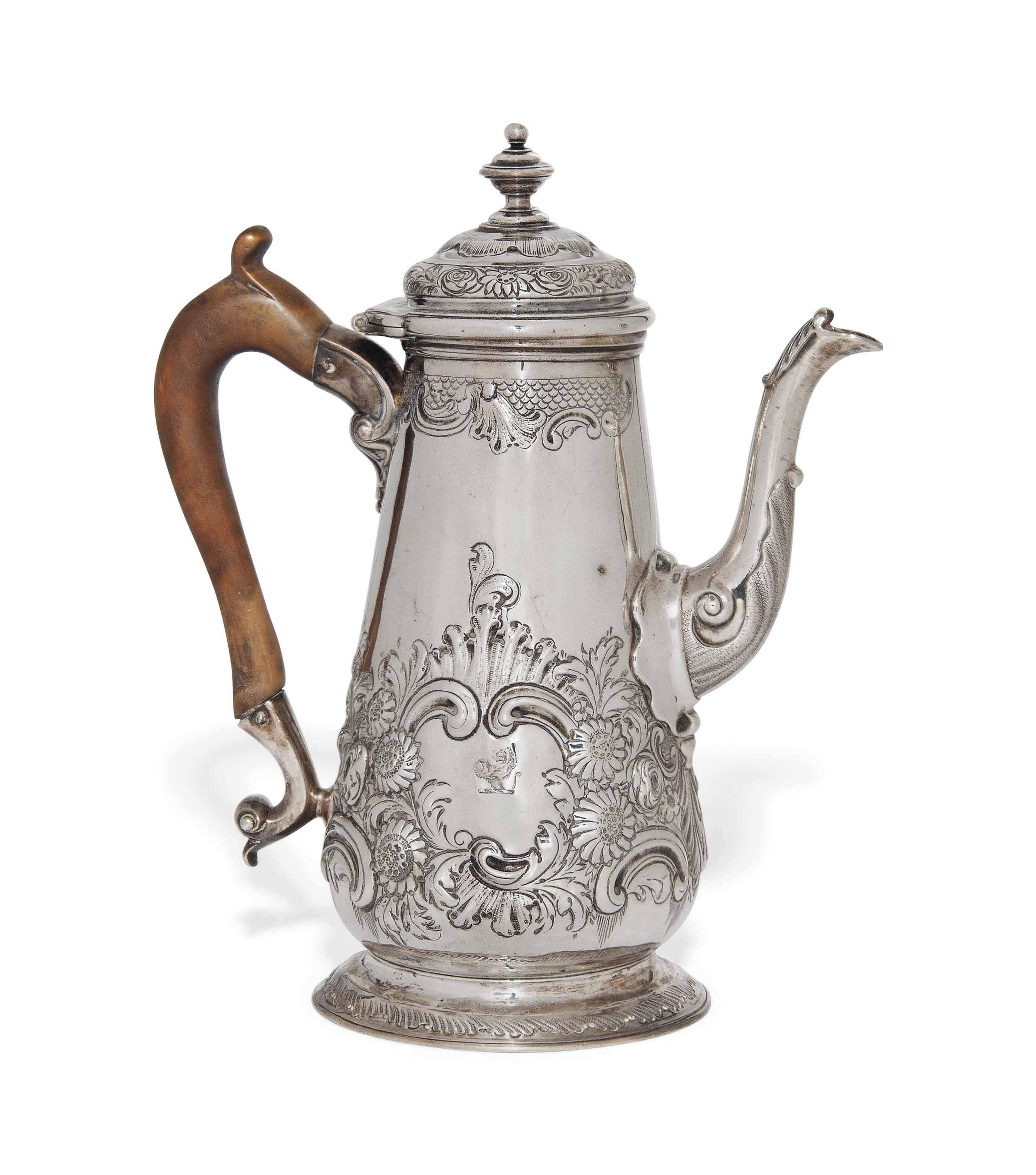 A II ROCOCO SILVER COFFEE POT , MAKER'S MARK ONLY OF FULLER