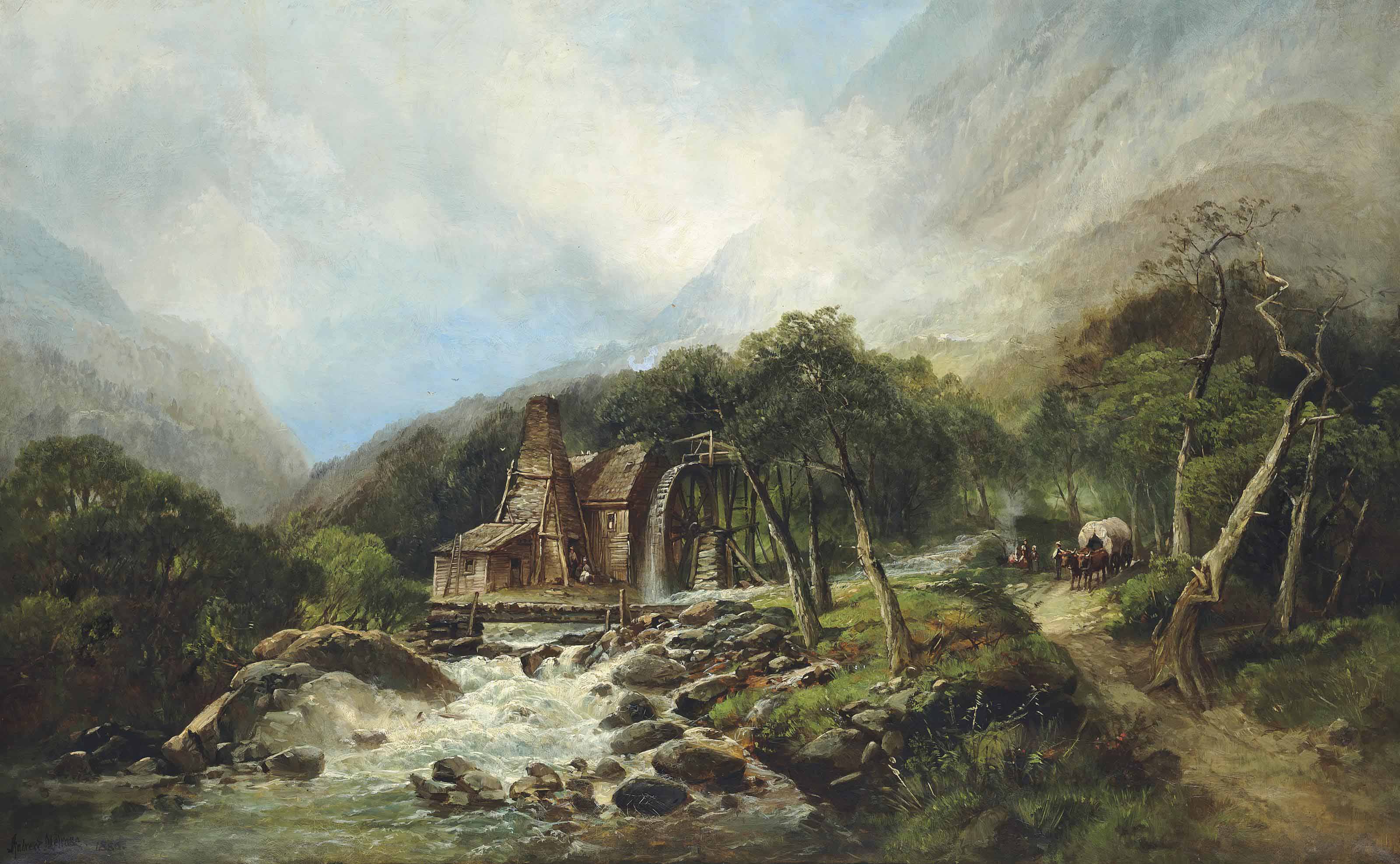 Andrew W Melrose American 1836 1901 Pioneers On The Road Beside A Watermill 19th Century Paintings Christie S