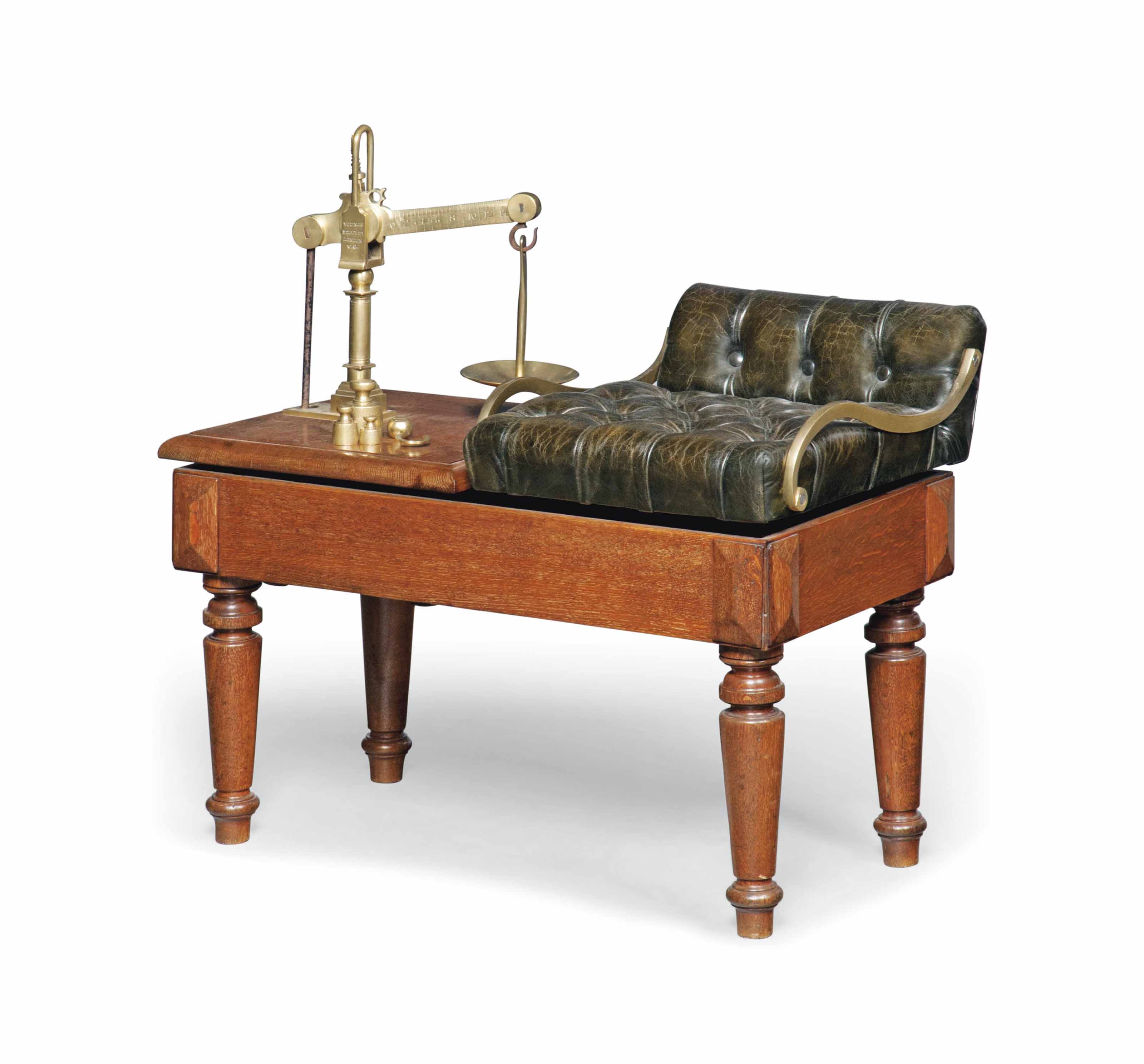 A SET OF LATE VICTORIAN OAK AND BRASS JOCKEY SCALES , BY YOUNGS OF