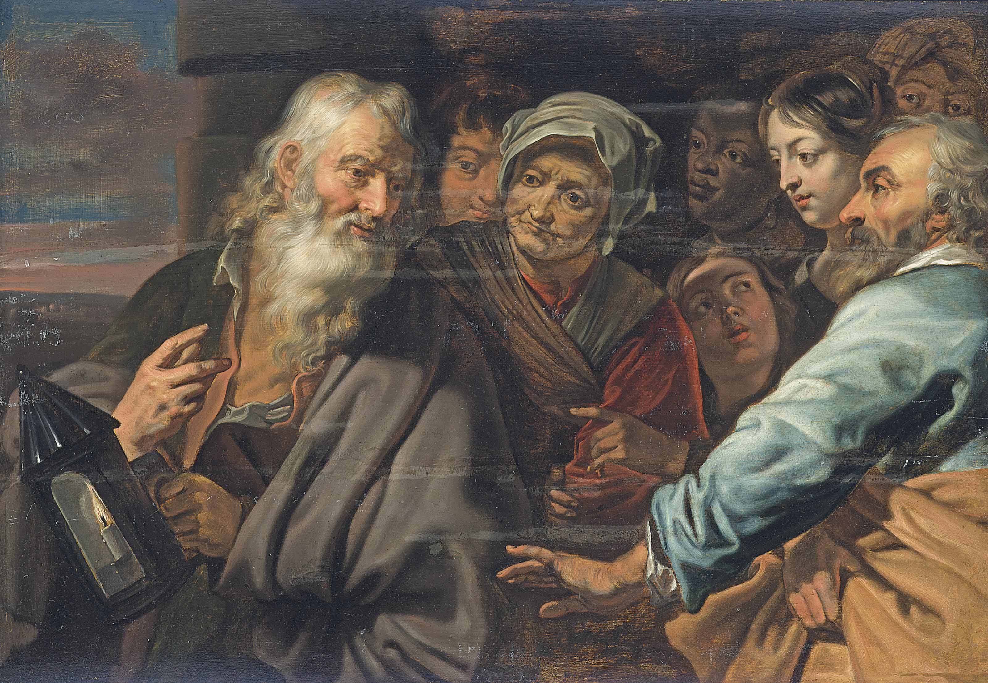 Flemish School Early 17th Century Diogenes In Search Of An
