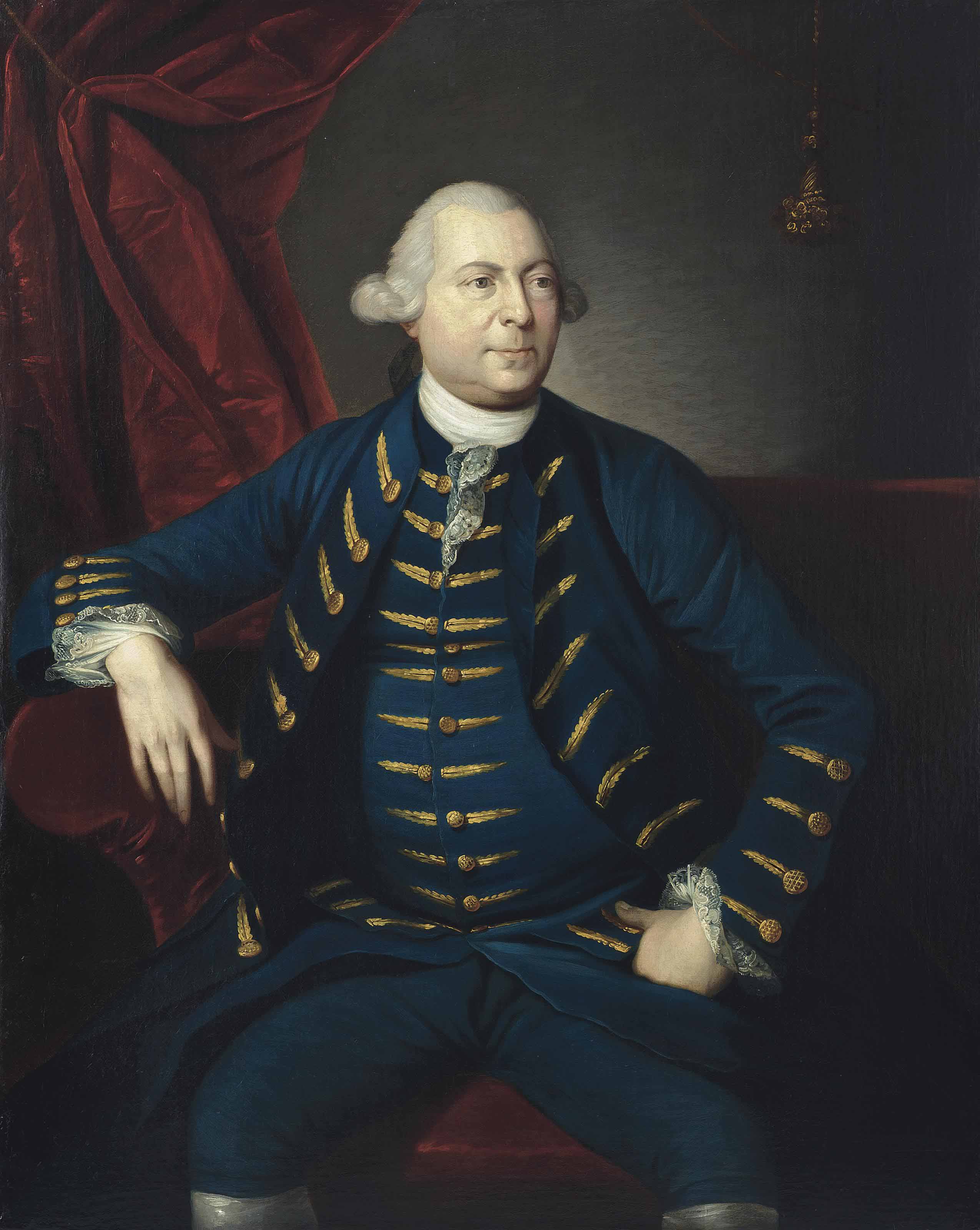 Portrait of Sir Lawrence Dundas, 1st Baronet (c. 1710-1781), three-quarter-length, in a blue coat, his right arm resting on a table, before a curtain
