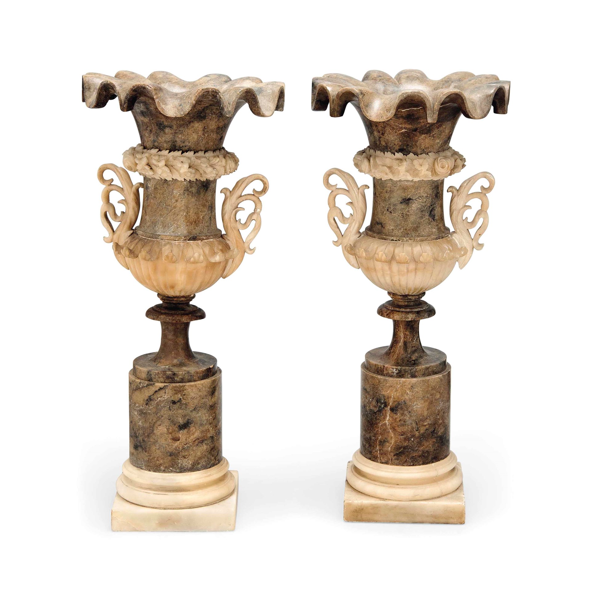 A PAIR OF ITALIAN TWOTONE ALABASTER VASES