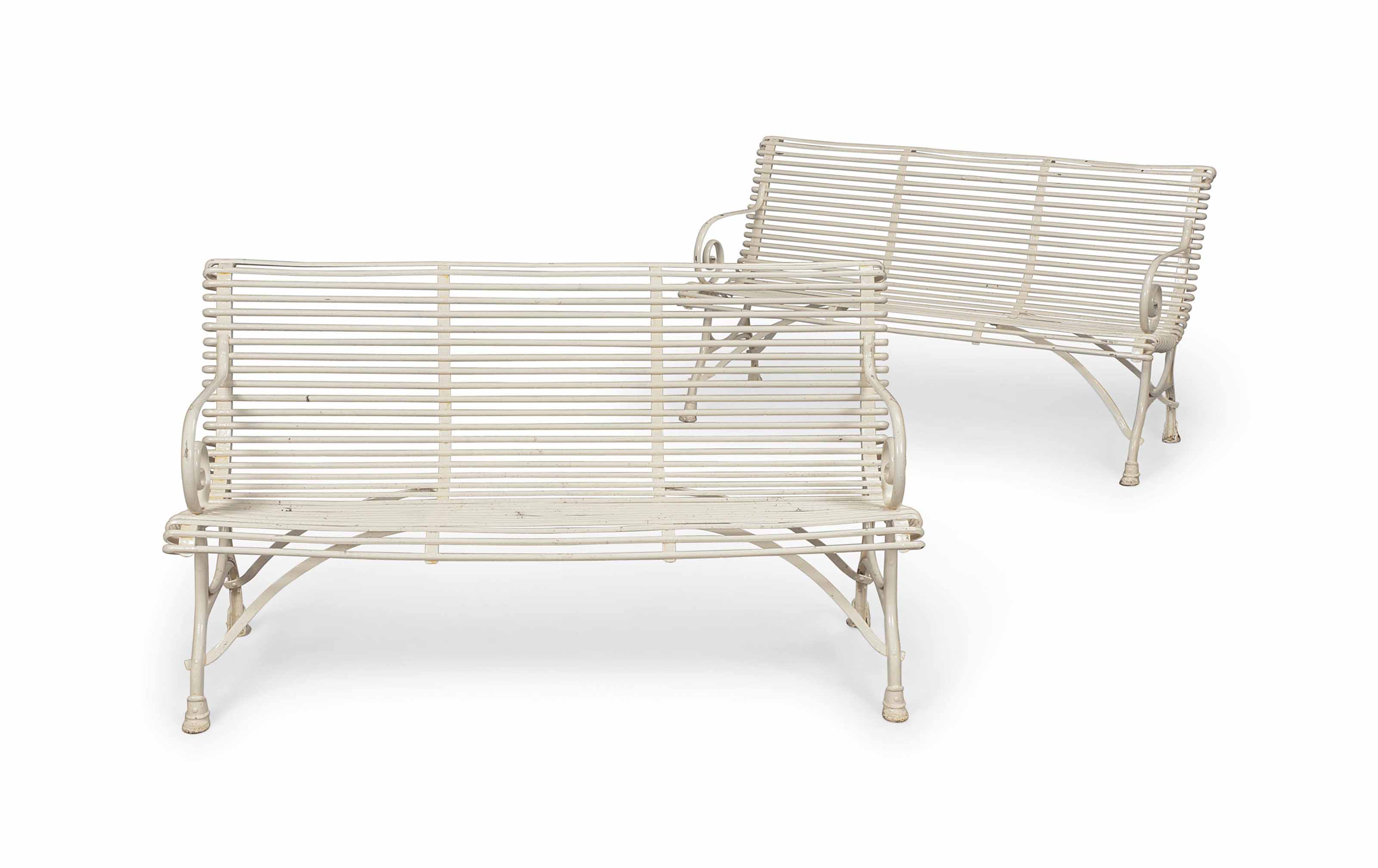 A Pair Of French Cream Painted Wrought Iron Garden Benches Early