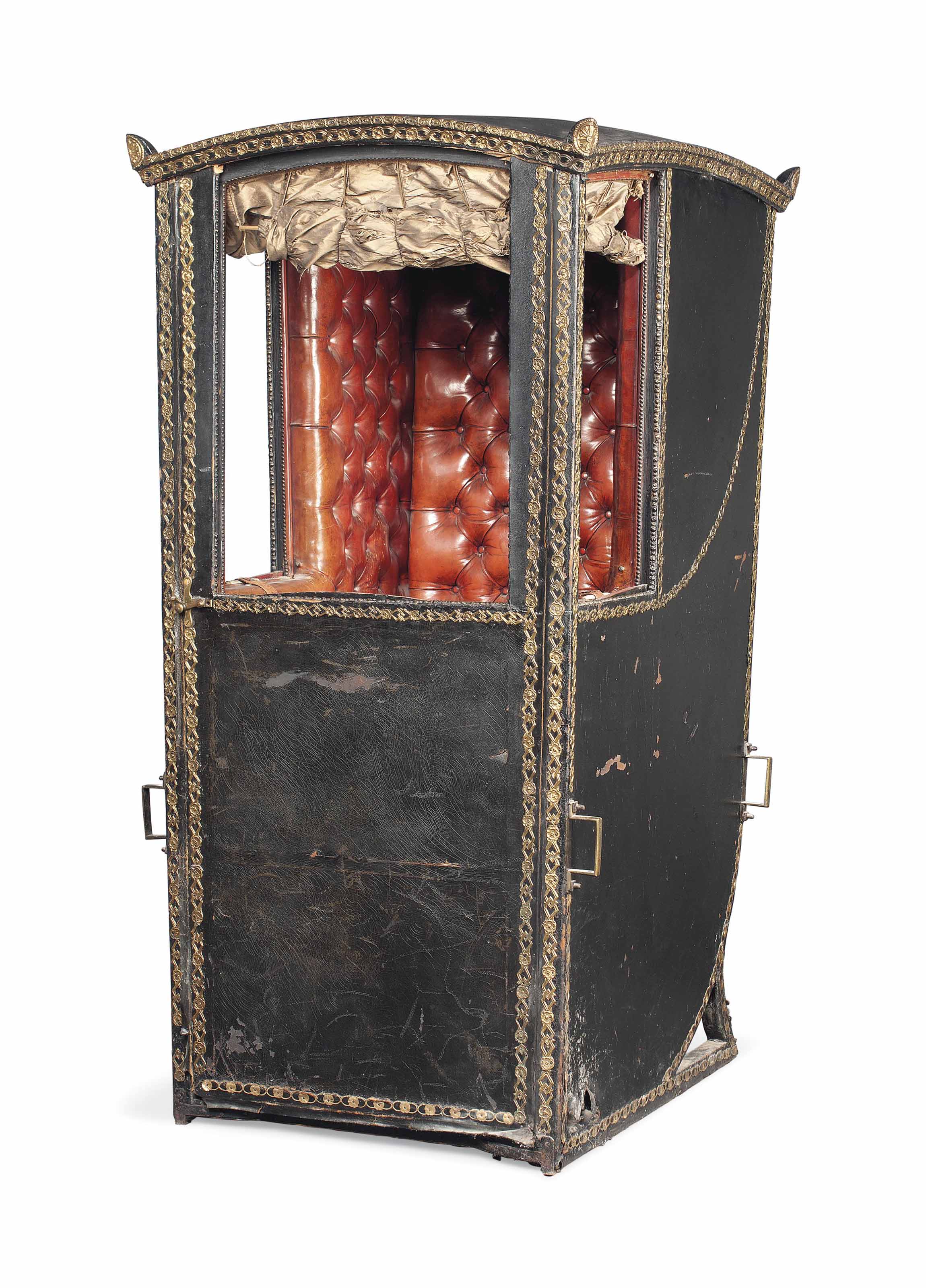 A III GILTMETAL MOUNTED LEATHER SEDANCHAIR , LATE 18TH CENTURY