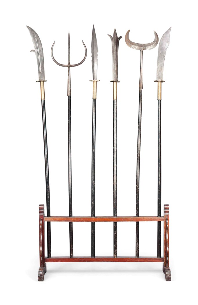 A GROUP OF SIX CHINESE STEEL WEAPONS ON A STAND, 20TH CENTURY Christie's