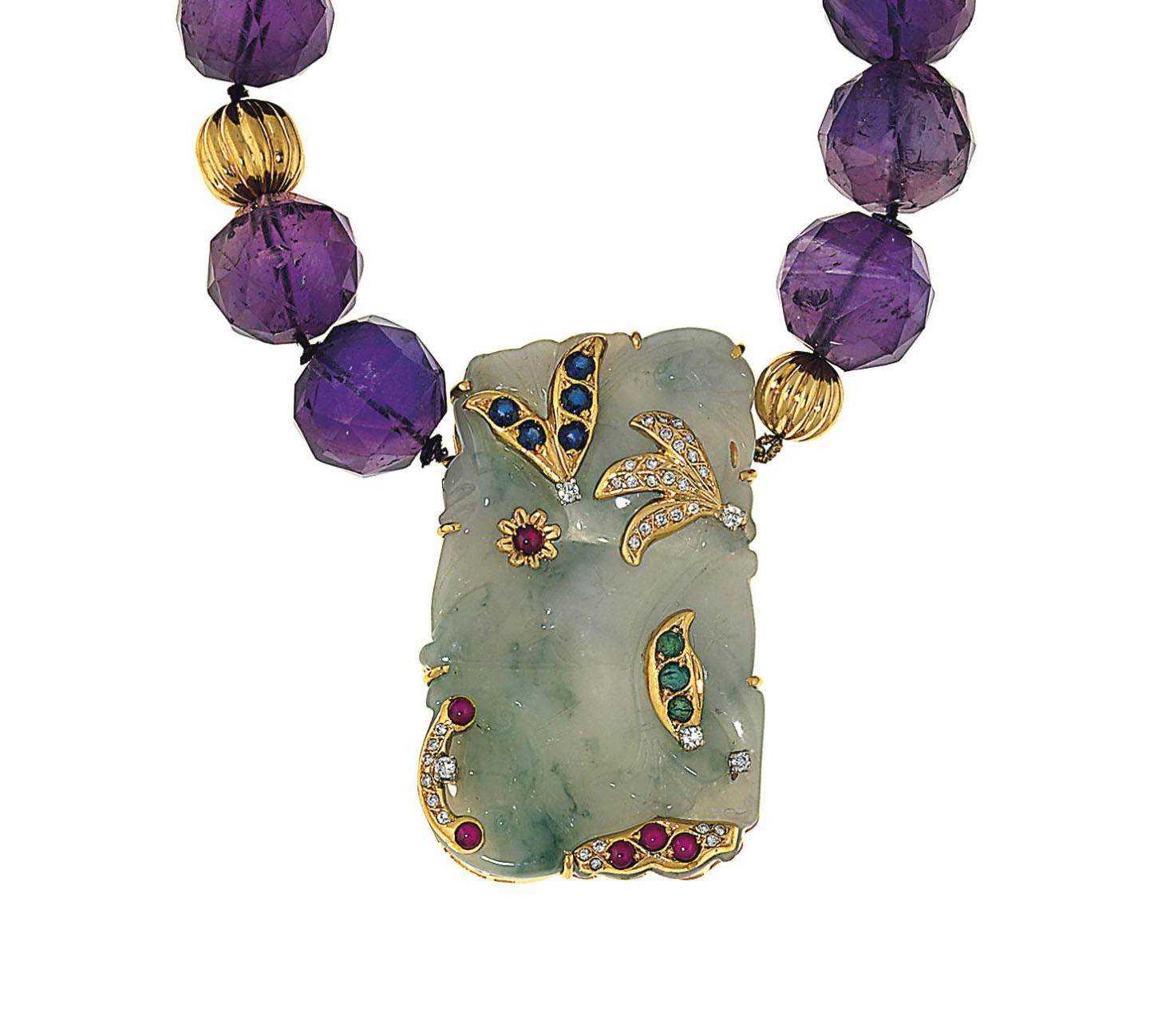 An amethyst and jadeite jade necklace