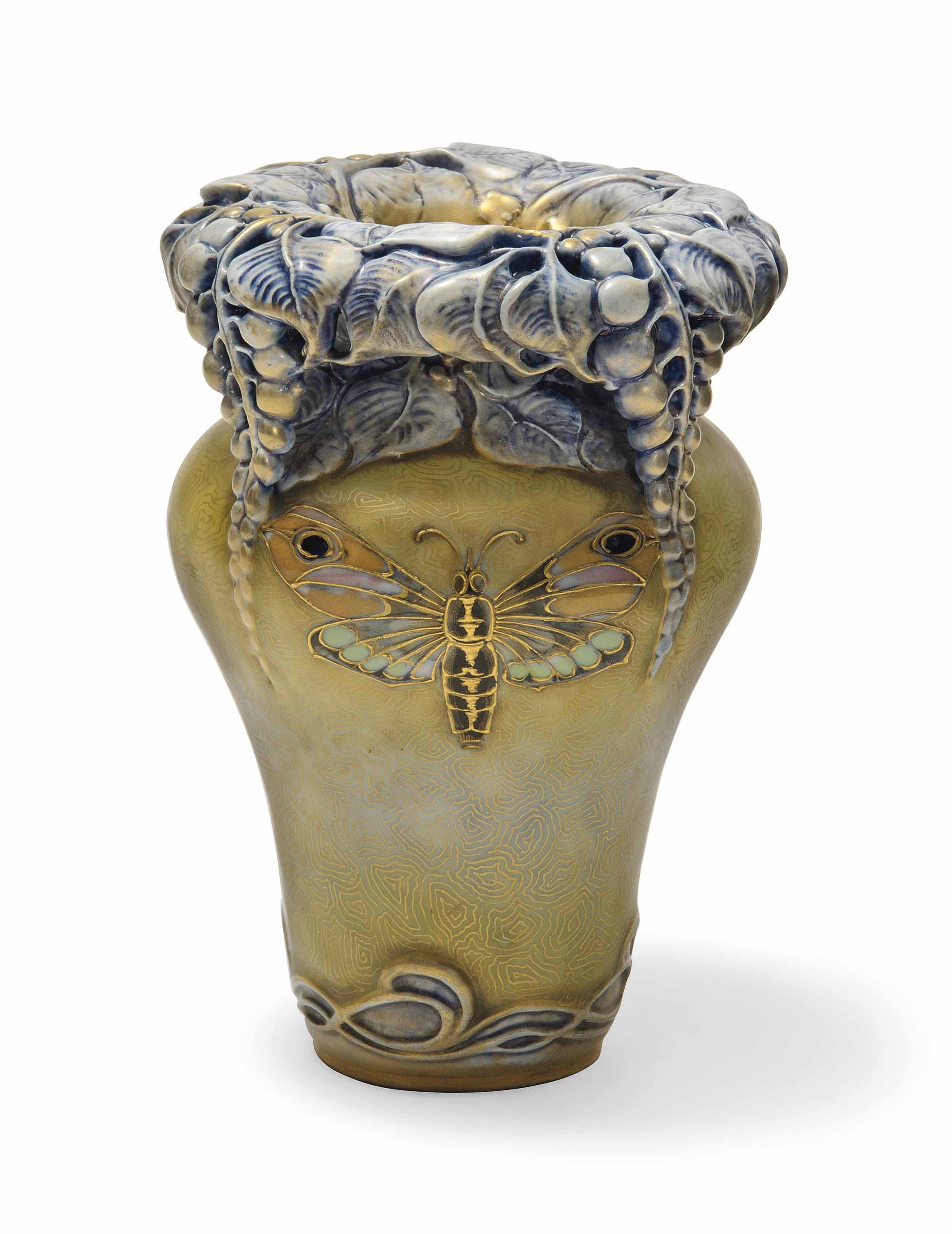 AN AMPHORA CERAMIC 'BUTTERFLY AND FLOWER' VASE DESIGNED BY PAUL DACHSEL , CIRCA 18951898