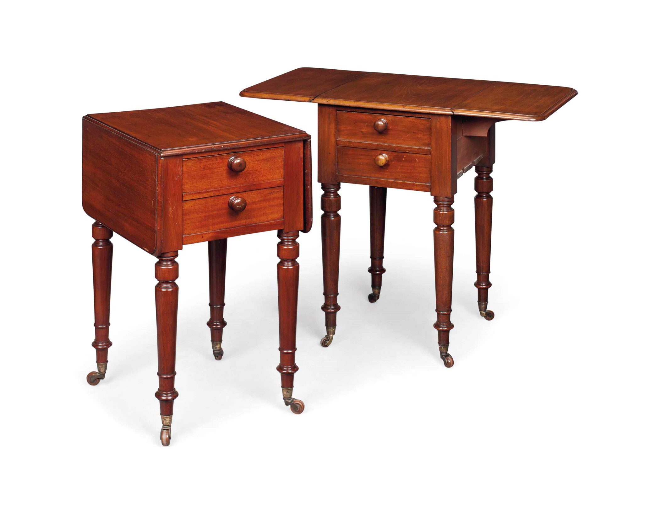 A NEAR PAIR OF VICTORIAN MAHOGANY BEDSIDE PEMBROKE TABLES