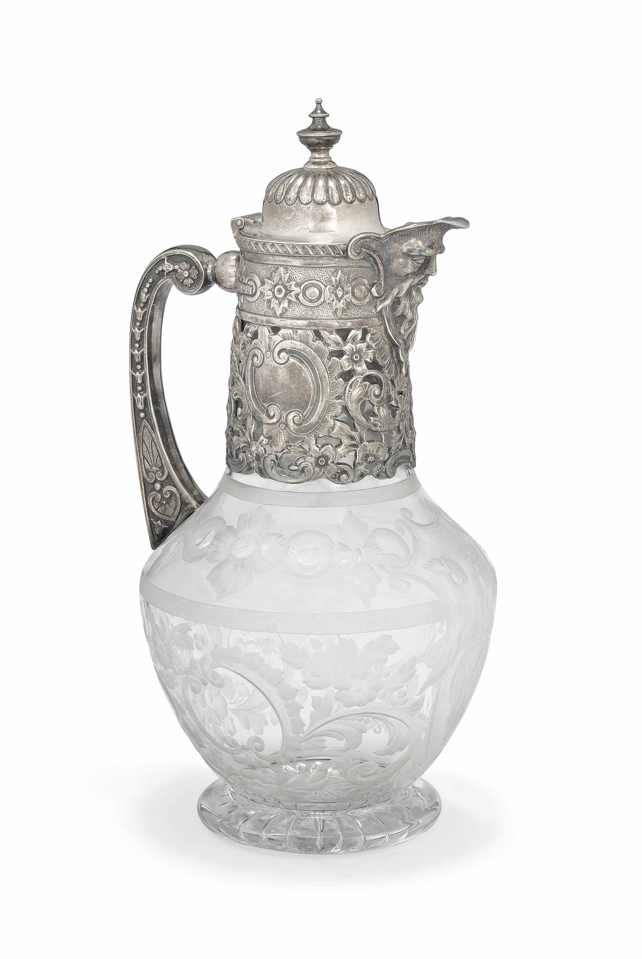 A PAIR OF GERMAN JUGENDSTIL SILVER-MOUNTED GLASS CLARET JUGS, MARK