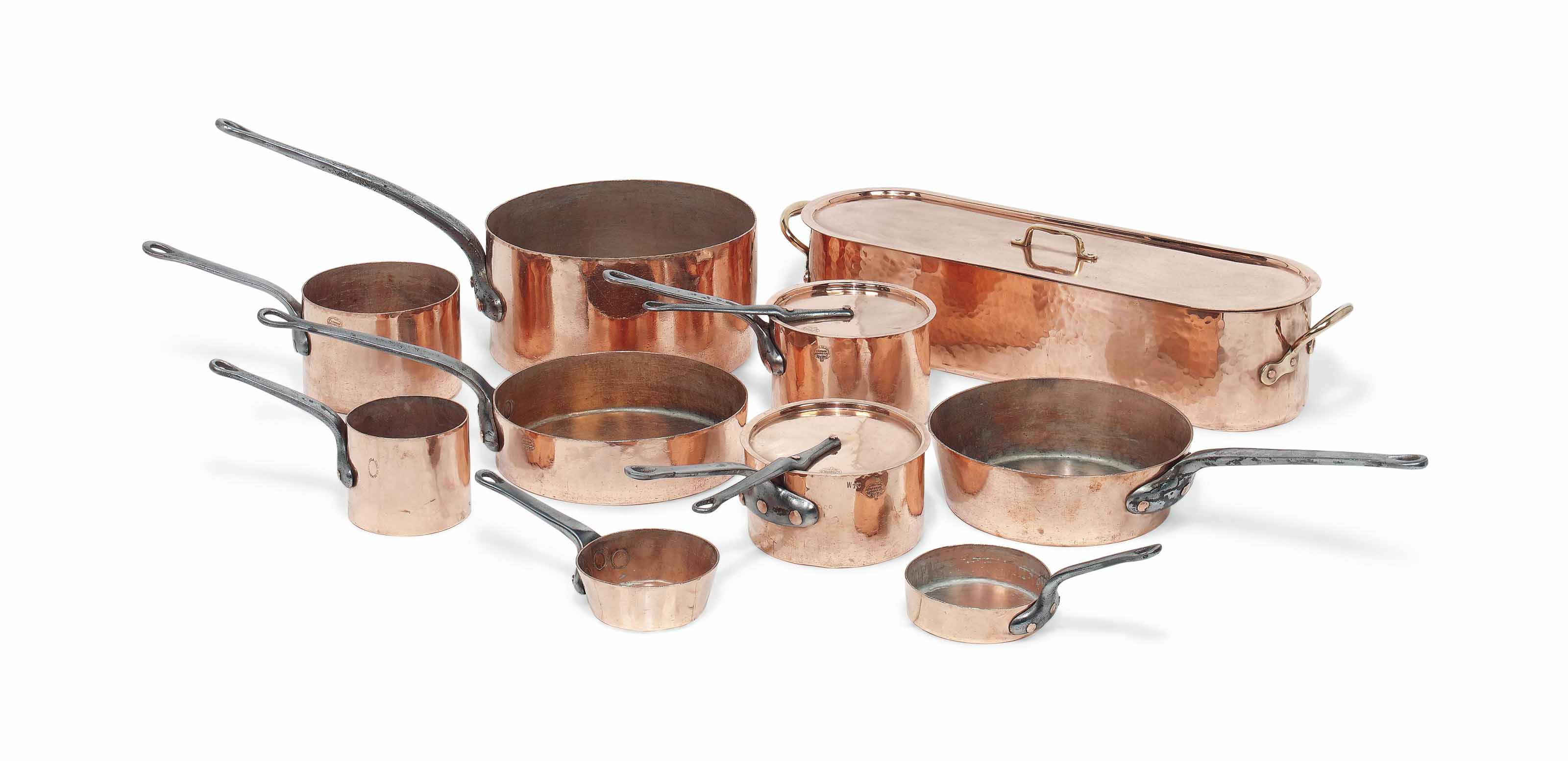 A Collection Of Victorian Copper Pans And A Fish Kettle 'copper pans' by simon duckworth. victorian copper pans and a fish kettle