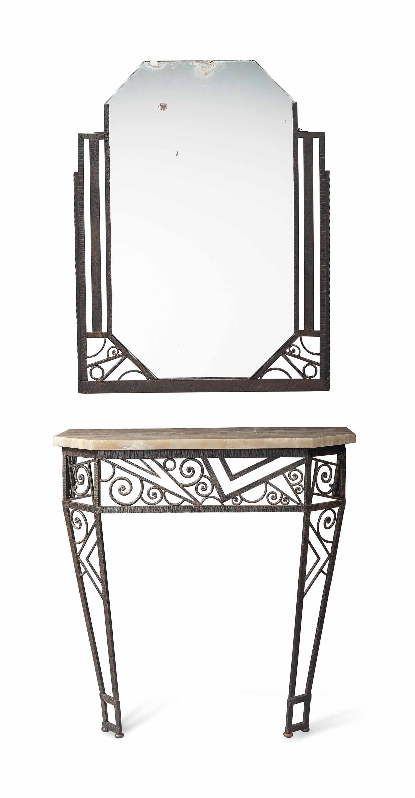 A French Art Deco Wrought Iron Console Table And Mirror