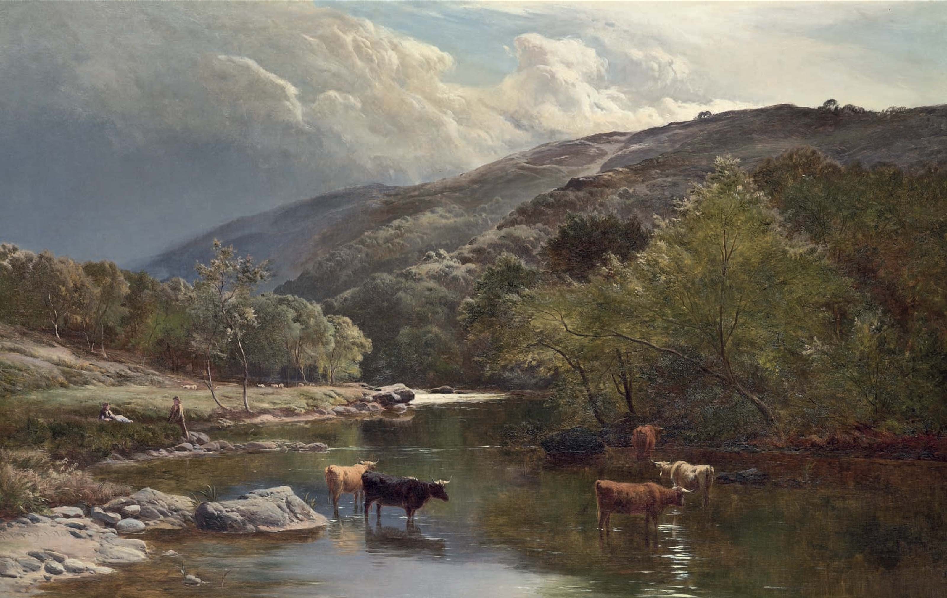 Sidney Richard Percy (18211886) , Cattle watering in the River Lyn