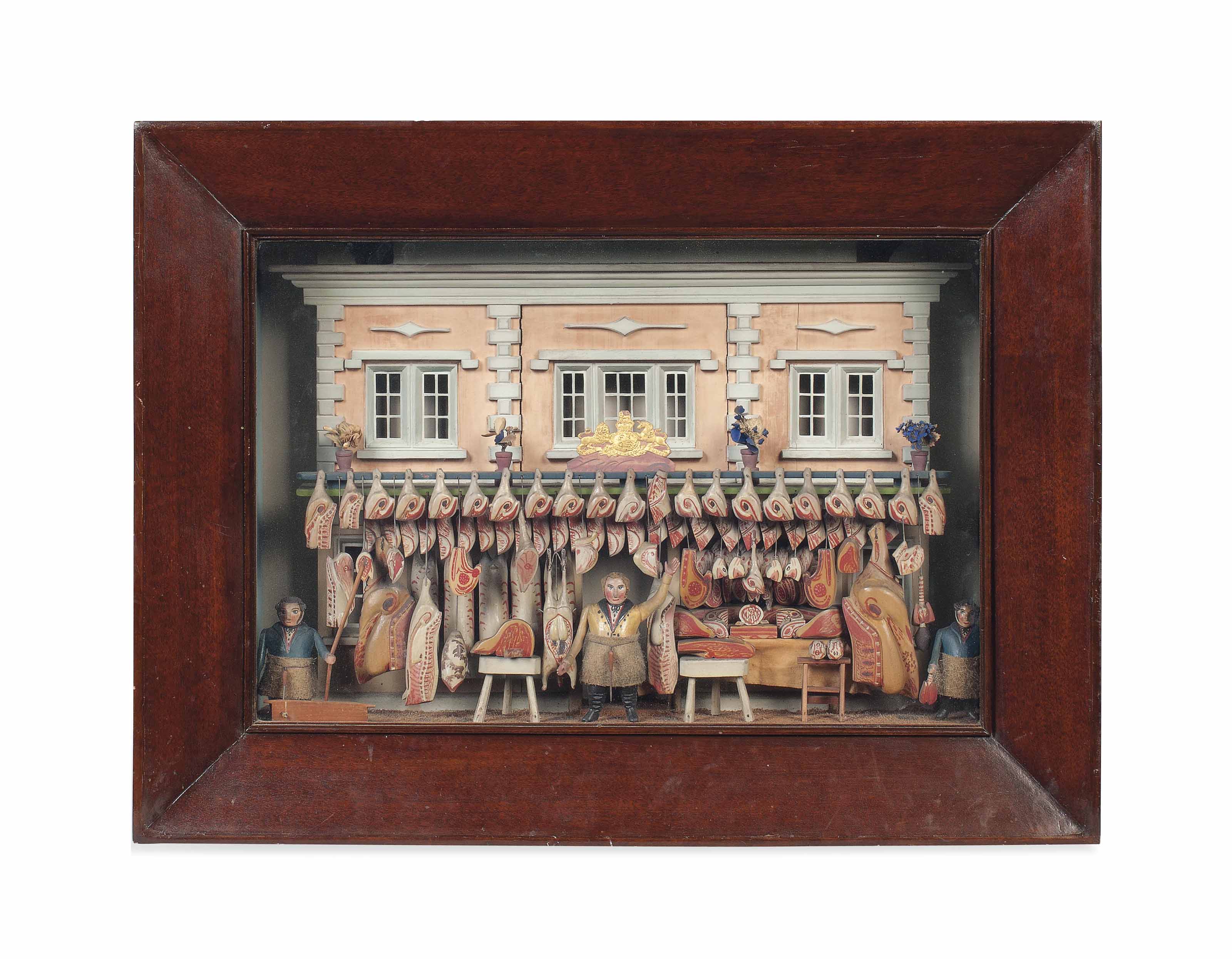 A VICTORIAN CARVED WOOD AND PLASTER BUTCHER'S SHOP DIORAMA , CIRCA 1850